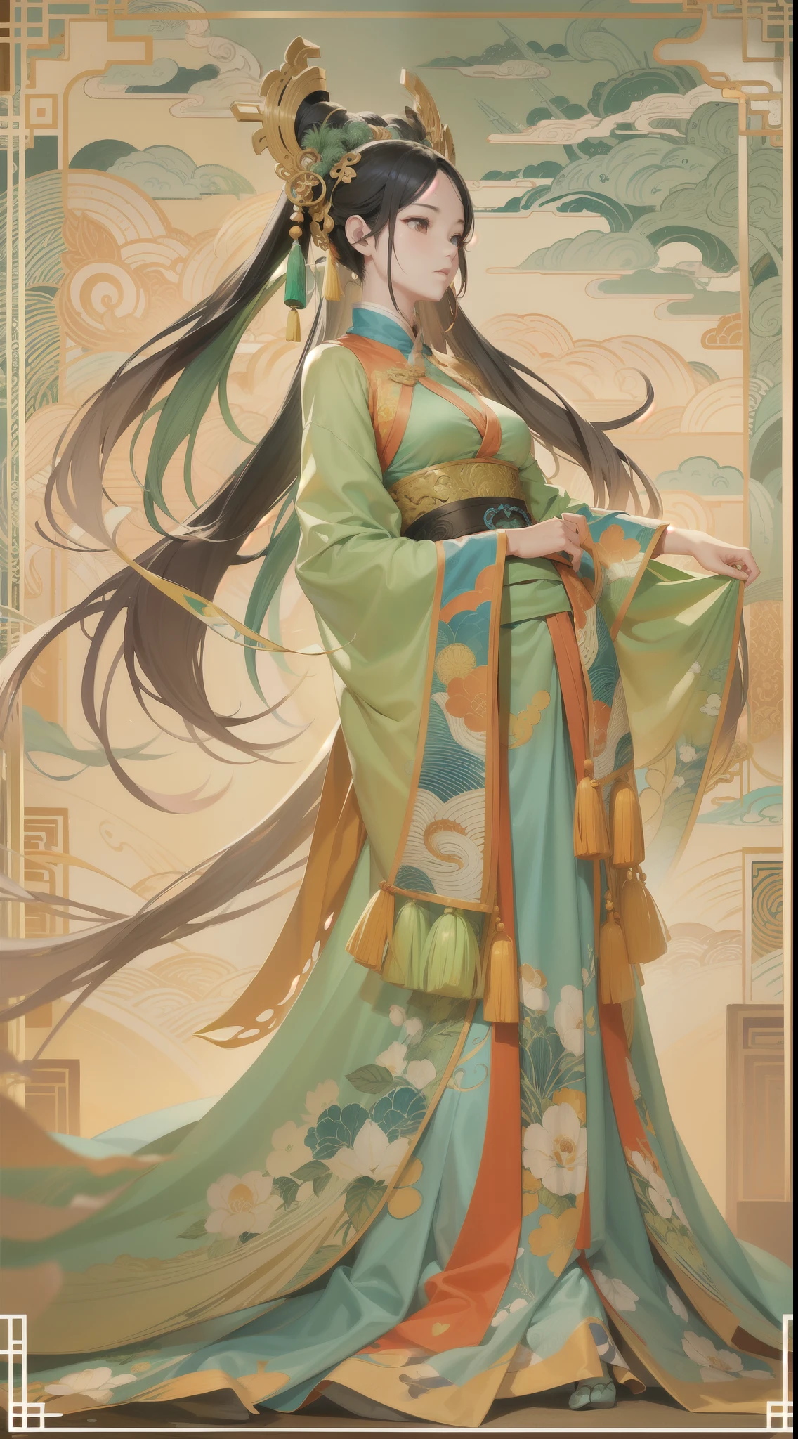 (Dunhuang mural style:1.4),one-girl,Flying posture,(Chinese colors,senior color matching,gradient backgrounds,white backgrounid),(The is very detailed,reasonable design,Clear lines,High- sharpness,best qualtiy,tmasterpiece,offcial art,movie light effect,4K)