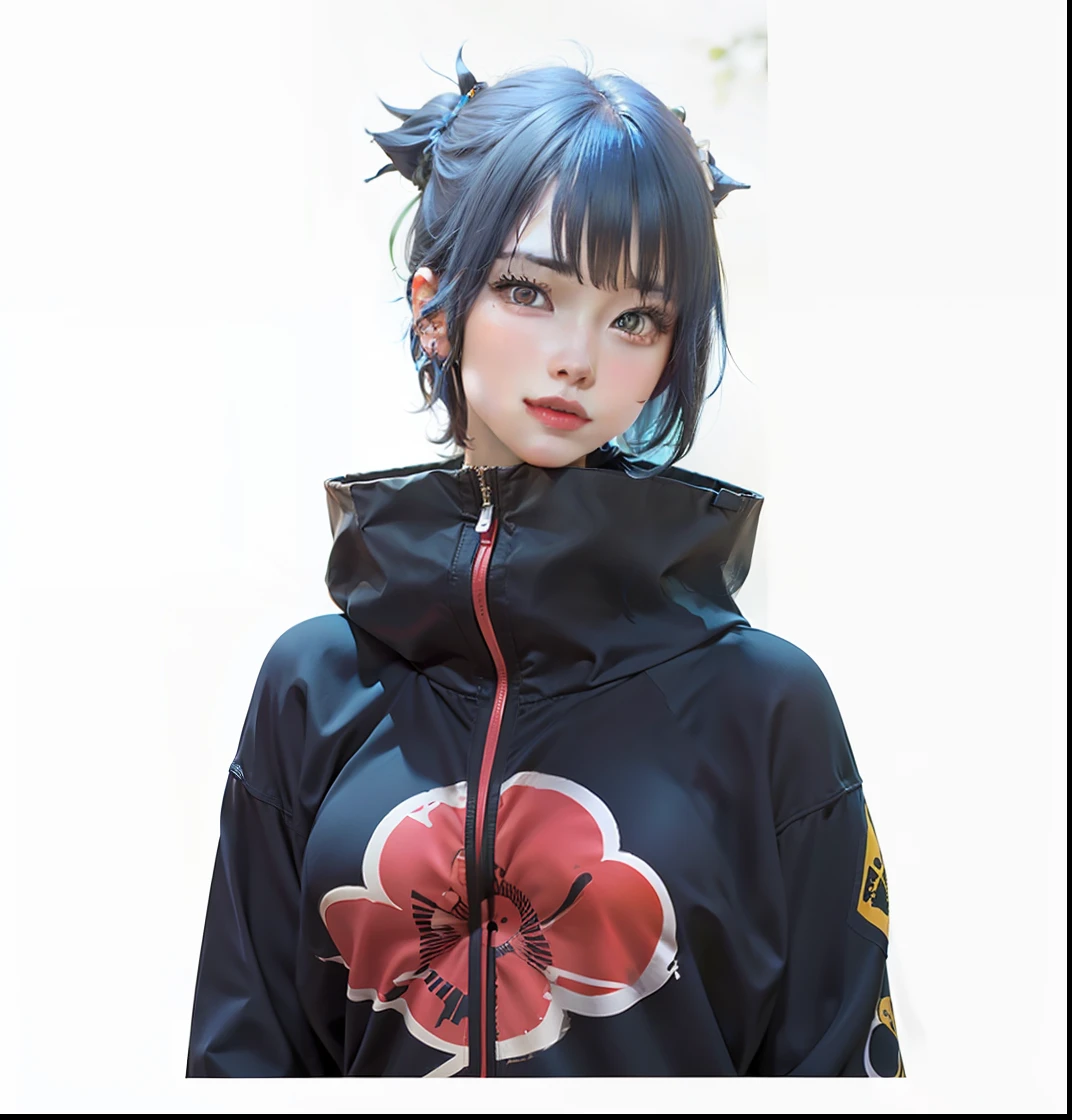 1girl, konan akatsuki, blue hair, short hair, yellow eyes, black clothes, big breasts, jungle background, realistic, ultra detail