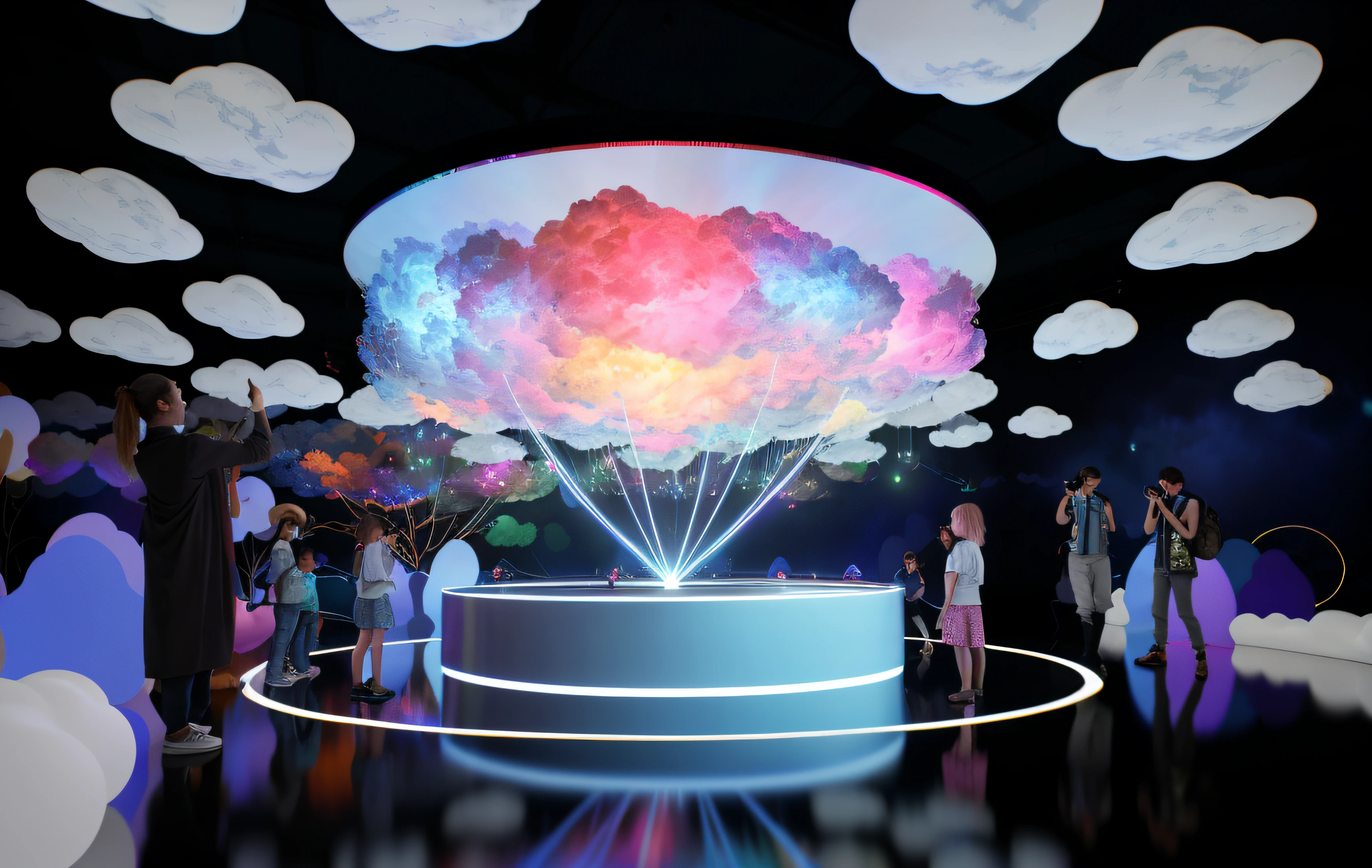 People stand around a giant cloud display, virtual metaverse room, teamlab, emitting spore clouds, in style of photogrammetry cloud, interactive art, ethereal hologram center, cafe in the clouds, magical colors and atmosphere, splashes of neon clouds, holographic projections, metaverse concept art, magical colors and atmosphere, Glowing clouds