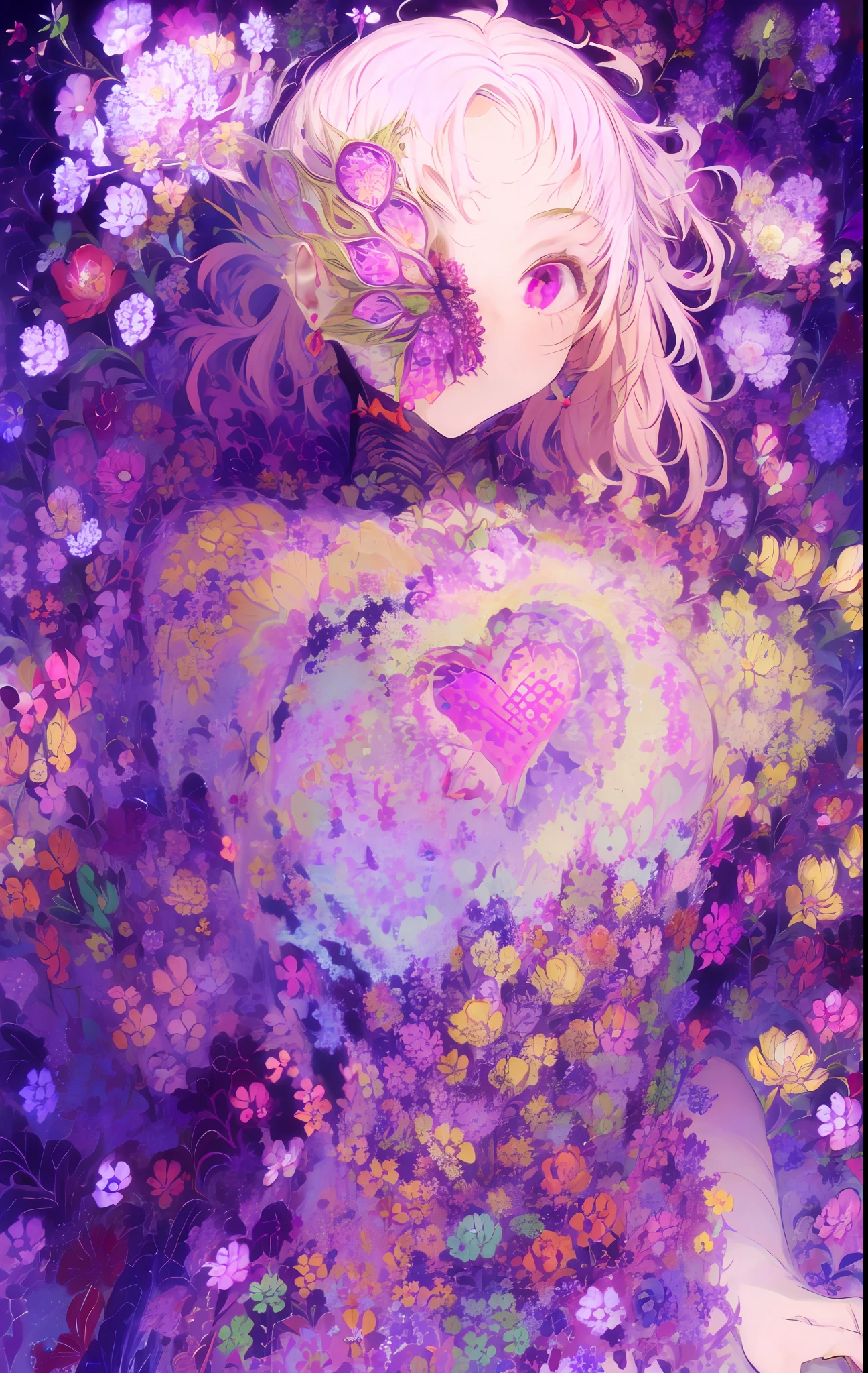 ((Masterpiece,Best quality))woman,face, Colorful,(,breast enhancement) ,Flower nails,Flowers, Iridsent, Heart, purple,From below,Dark background,on  back,Infected face