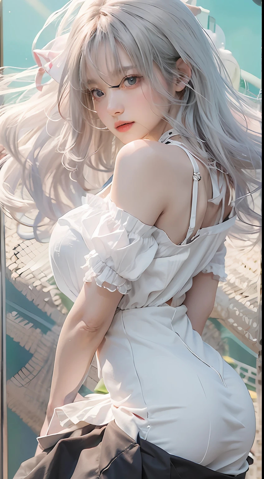 top-quality、​masterpiece、超A high resolution、(Realistic:1.4)、Raw photo、 1 人、off shoulders、lighting like a movie、white  hair、The most beautiful girl in the world、F Cup Bust、full body Esbian、Black tight mini skirt、