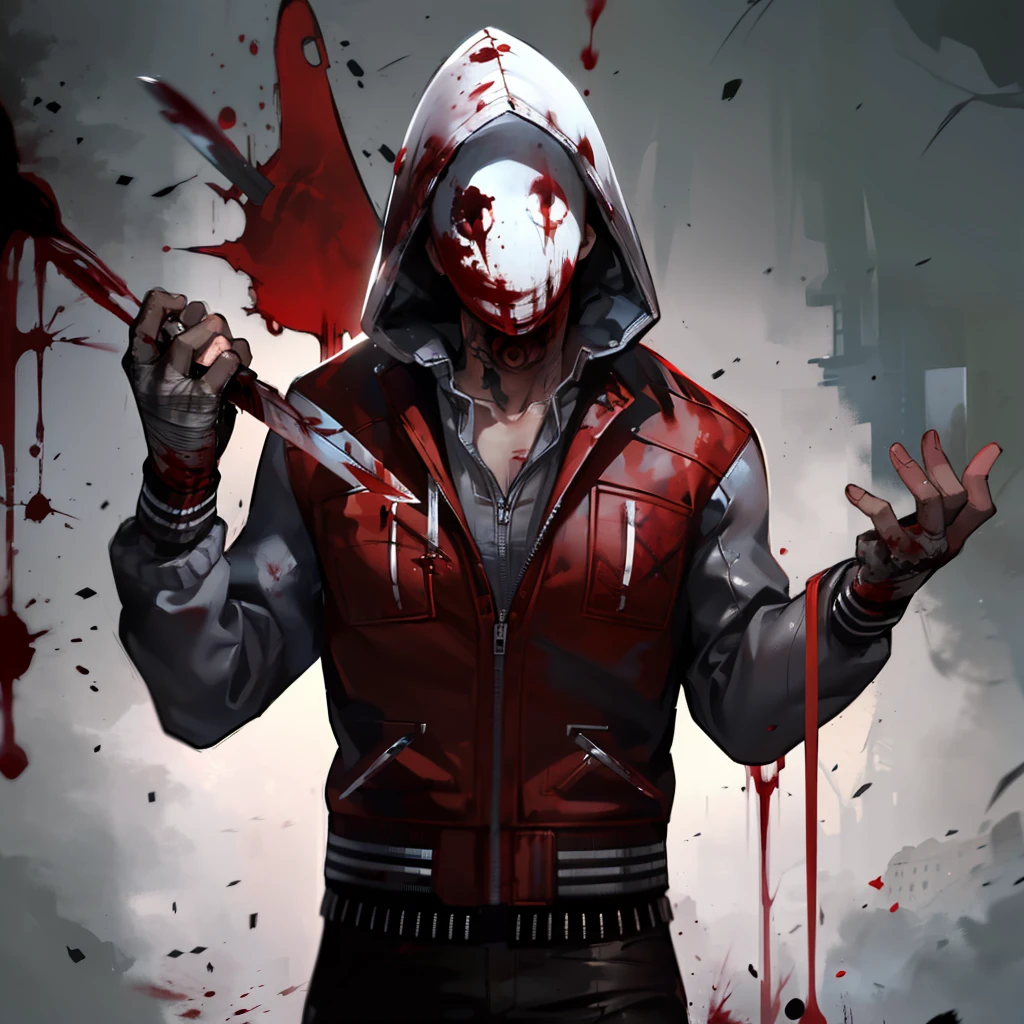 leg1,1boy, Frank Morrison, dead by daylight, bloody mask, grey hoodie, red and white varsity jacket, camouflage pants, bullet belt, bloody bandaged hands, holding bloody knife, male focus, skull neck tattoo, looking at viewer, (blood:1.3)