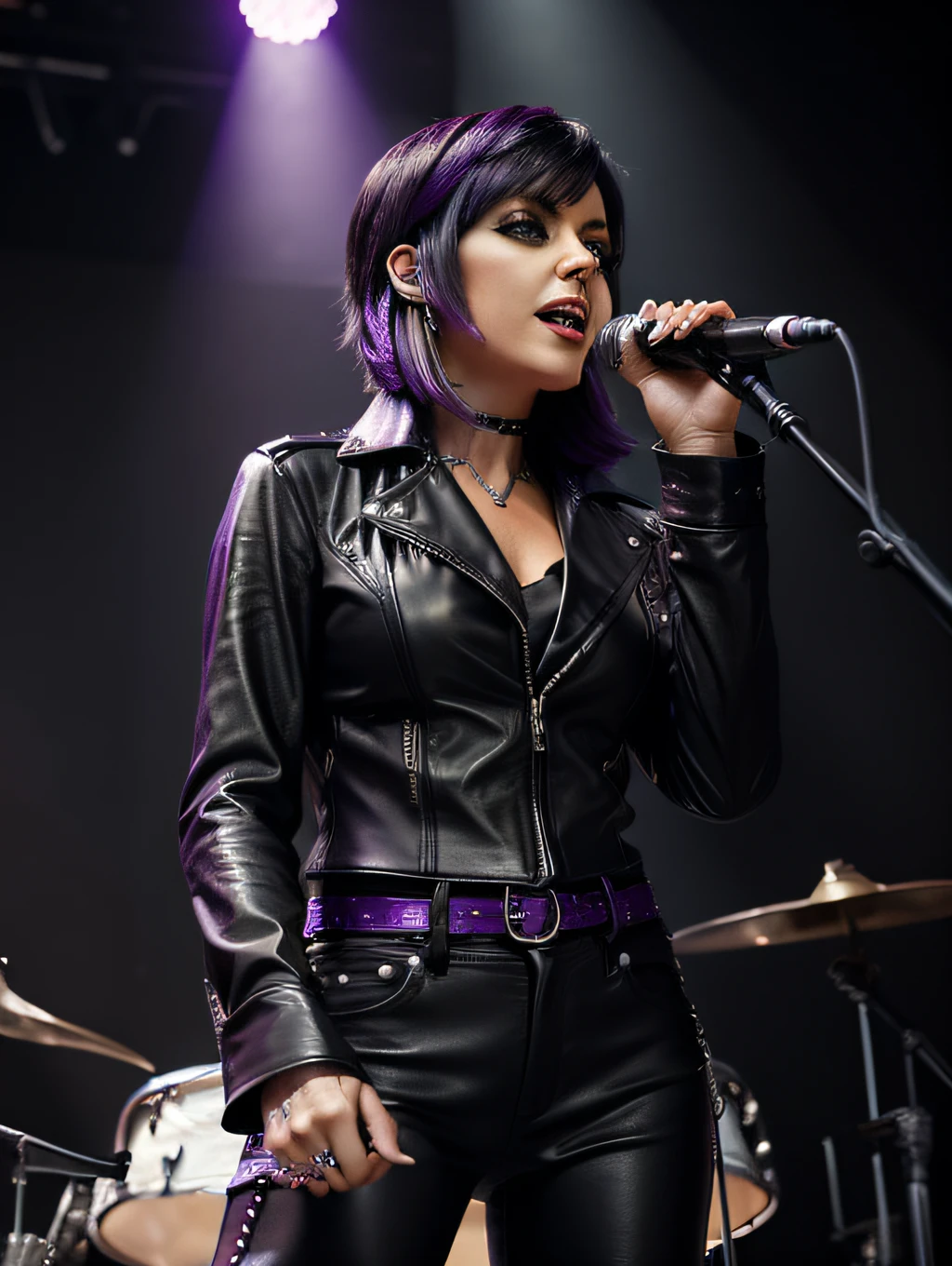 woman dressed as a rocker, with black leather blouse, Black leather pants, with short black hair with purple highlights, playing drums on the stage of a rock concert