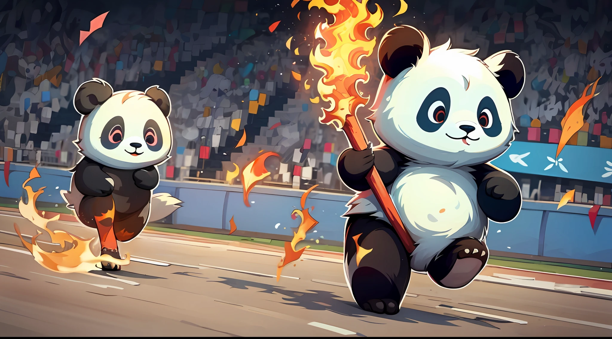 A panda,having fun,Running stance,Hold high the Universiade torch,on a racetrack,Big torch,small flames
