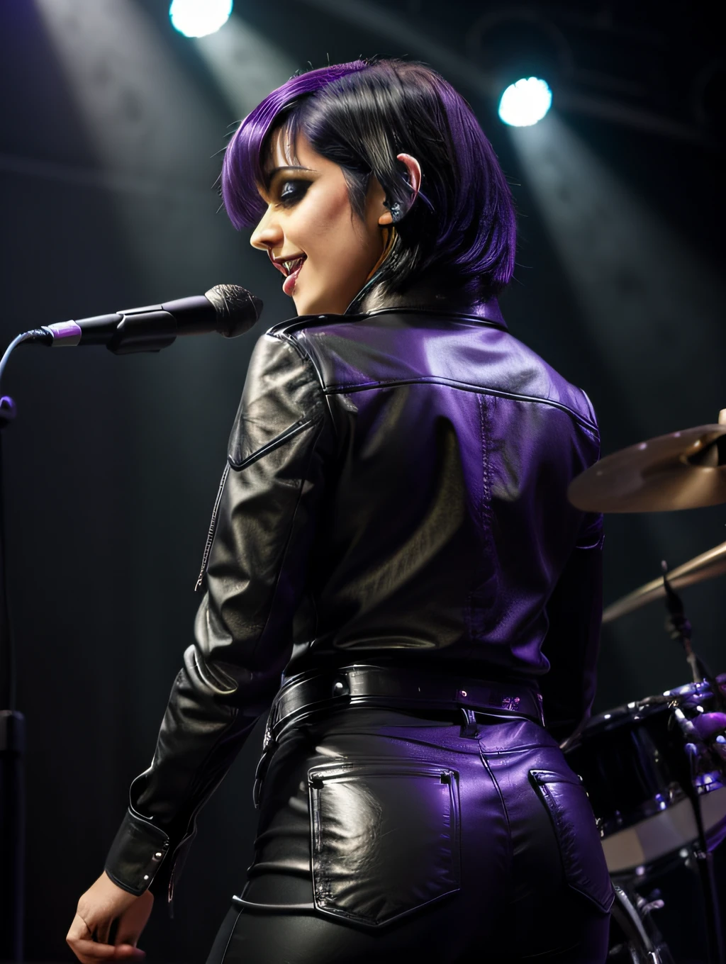woman dressed as a rocker, with black leather blouse, Black leather pants, with short black hair with purple highlights, playing drums on the stage of a rock concert