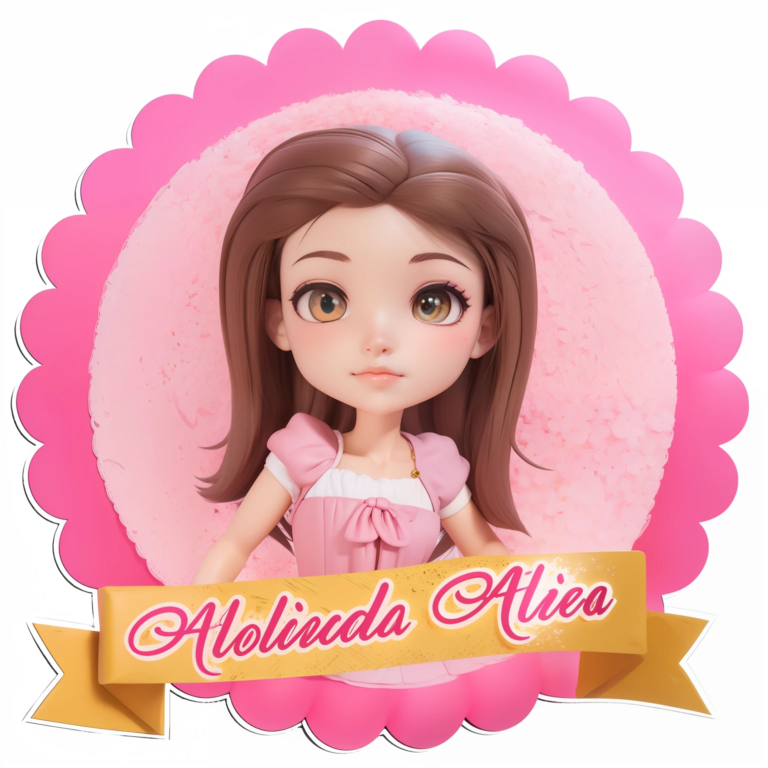 close up boneca obra-prima, melhor qualidade, trabalho de rending 3d, estilo 3DMM, close-up, retrato, 3D, 1girl, solo, cabelo castanho, realista, parte superior do corpo, fundo simples, franja, olhando para longe, cabelo preto longo, separated-lips, maquiagem, cabelo encaracolado castanho longo, olhos marrom, vestido rosa, aerith gainsborough, aerith
