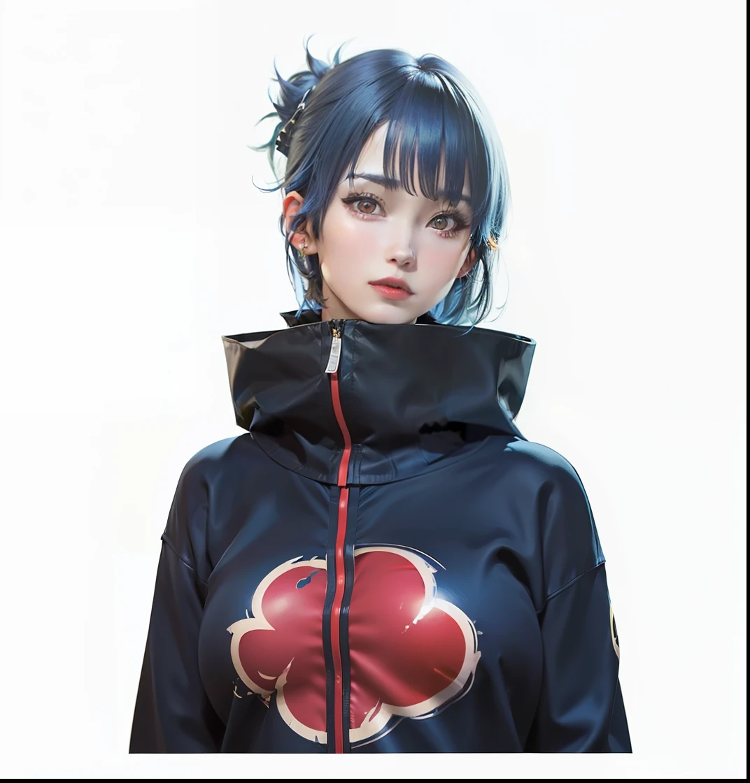 1girl, konan akatsuki, blue hair, short hair, yellow eyes, black clothes, big breasts, jungle background, realistic, ultra detail