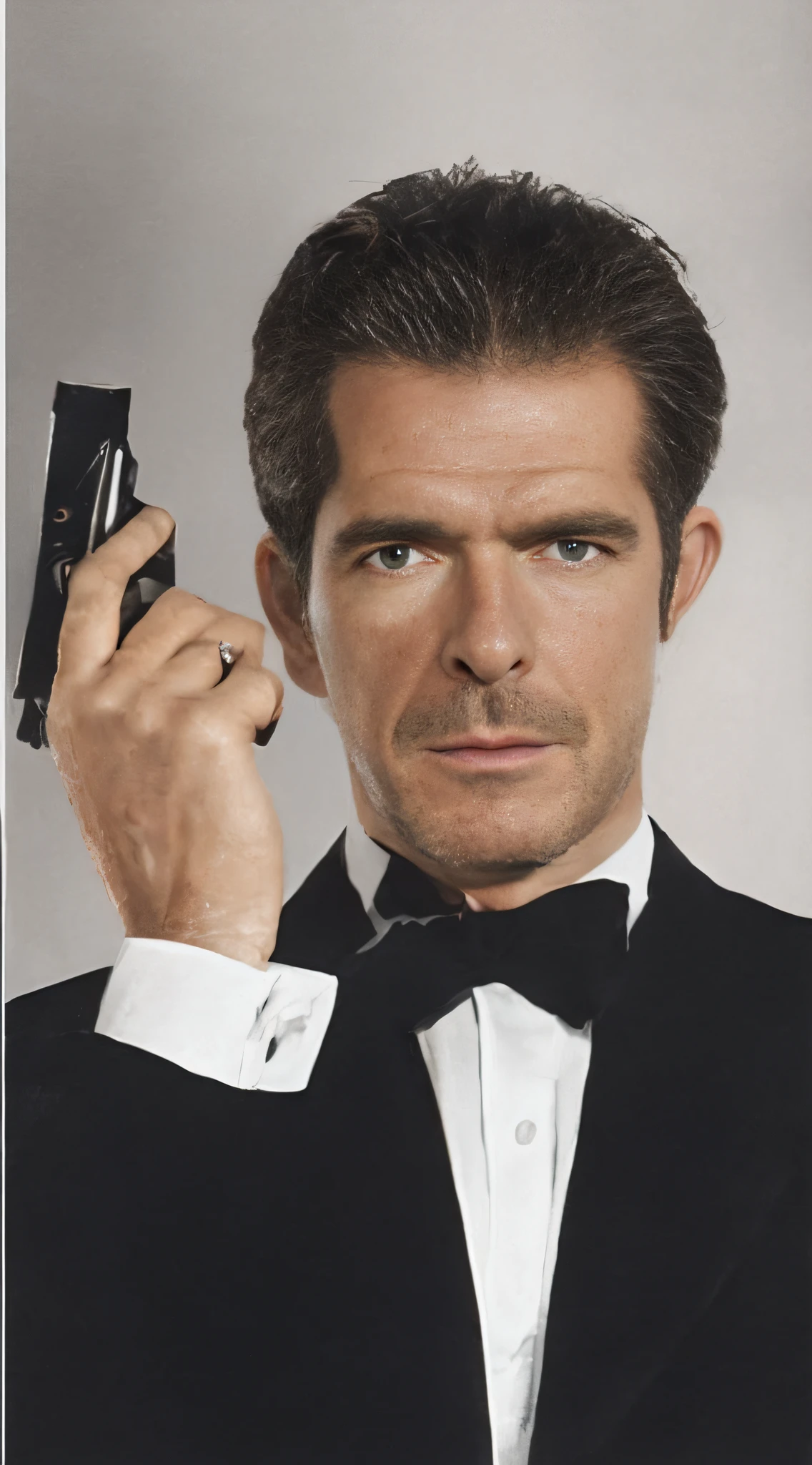 Imagen de Arafed de un hombre con esmoquin sosteniendo una pistola, Pierce Brosnan como James Bond, Pierce Brosnan, James Bond, Foto fija de James Bond, Roger Moore como James Bond, Still from the James Bond film, Henry Cavill como James Bond, Roger Moore, Classic iconic Bond take, Bill Nye como James Bond, tiene una pistola!!