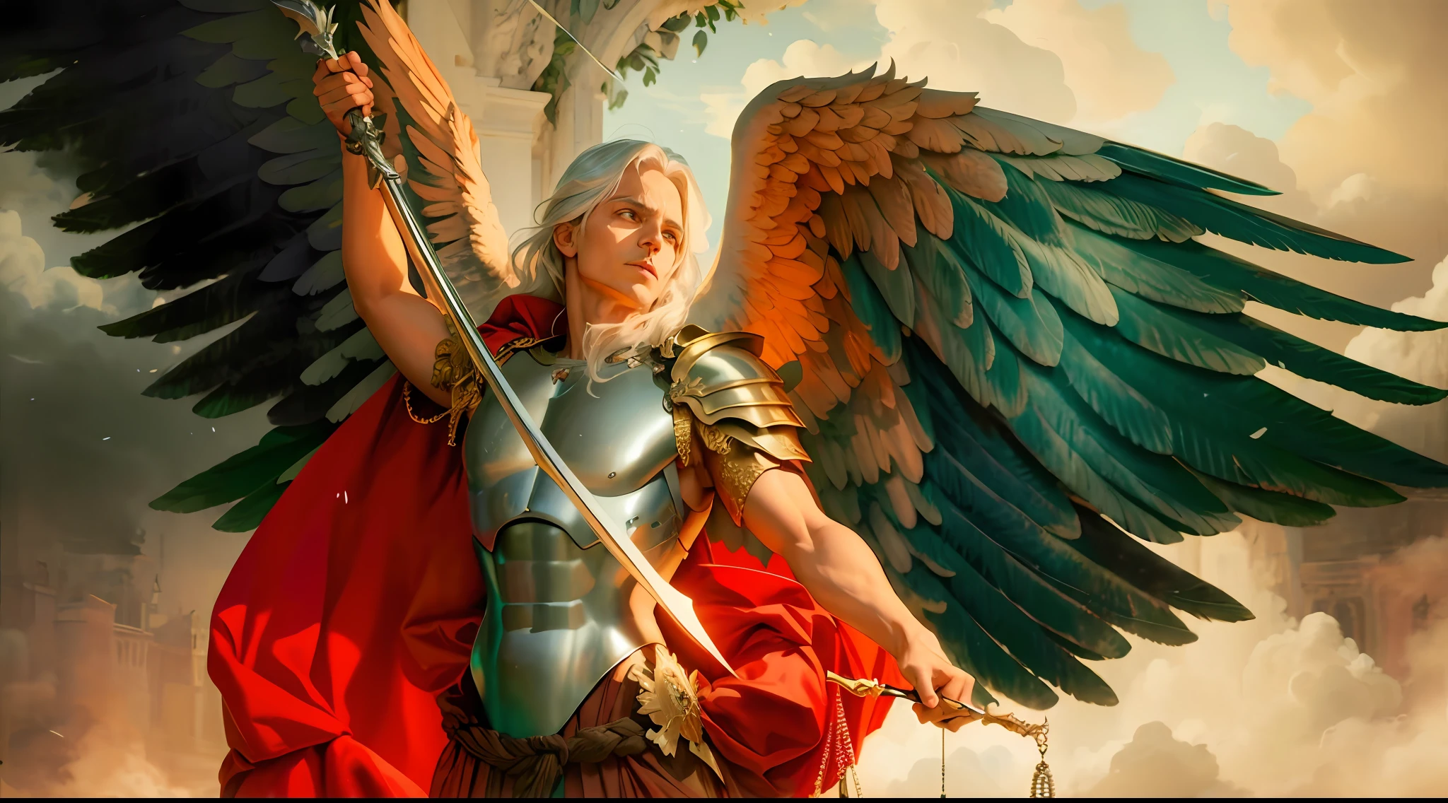 pintura de um homem com uma espada e asas, Arcanjo Miguel, saint michael the angel, arcanjo, totalitarian socialist angel, Directed by: Evelyn De Morgan, Michal, biblical accurate angel, Directed by: Eugene Zak, Directed by: Aleksander Gierymski, Directed by: Bernard Meninsky, anjo protegendo o homem, Directed by: Nicolau Marsicano, Lucifer's, Justice