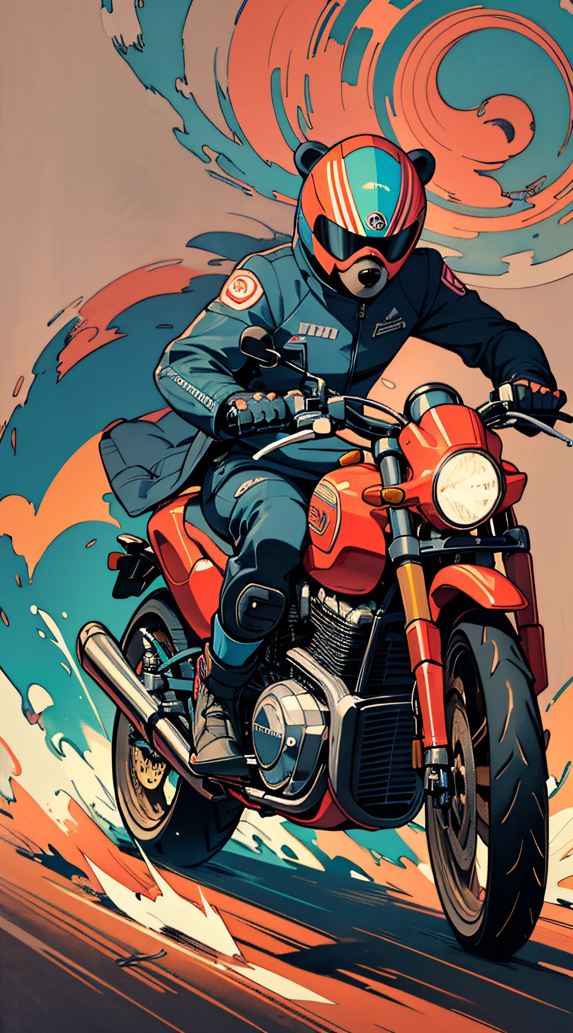 (samdoesarts:1.3), nvinkpunk, articules, horrifying techno-organic mutation , ((a bear wear motorcycle suit driving a scramler motorcycle)), full body portrait, backlighting, abstract, painting, painted by famous artist, ethereal, liquid, abstract, masterpiece, highly detailed, best quality, highest quality, realistic lighting, hyperdetailed, hyperrealism, colors, colorful, coat, sweatshirt, fullface helmet,