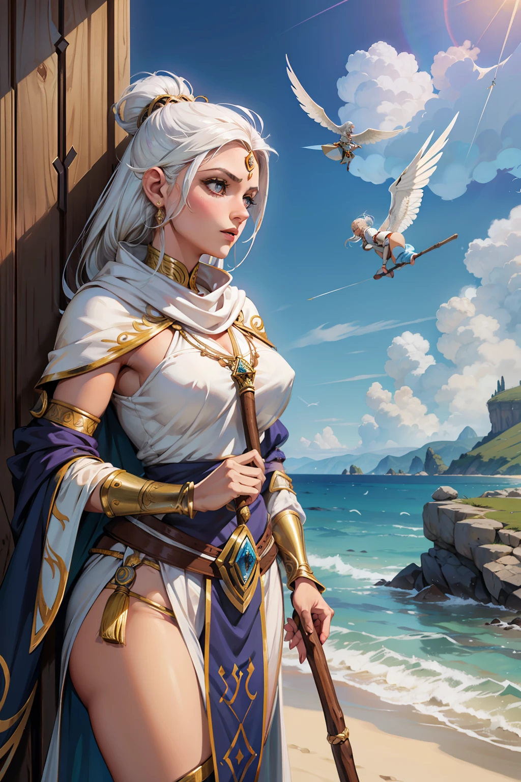 RPG, uma mulher elfa, muito bonita, pele branca, sardas no rosto, white hair fluttering like the wind, orelhas pontiagudas, elegante, aventureira maga, aventureira, corpo esguio, wooden stick in hand, armadura elegante e bem acabada