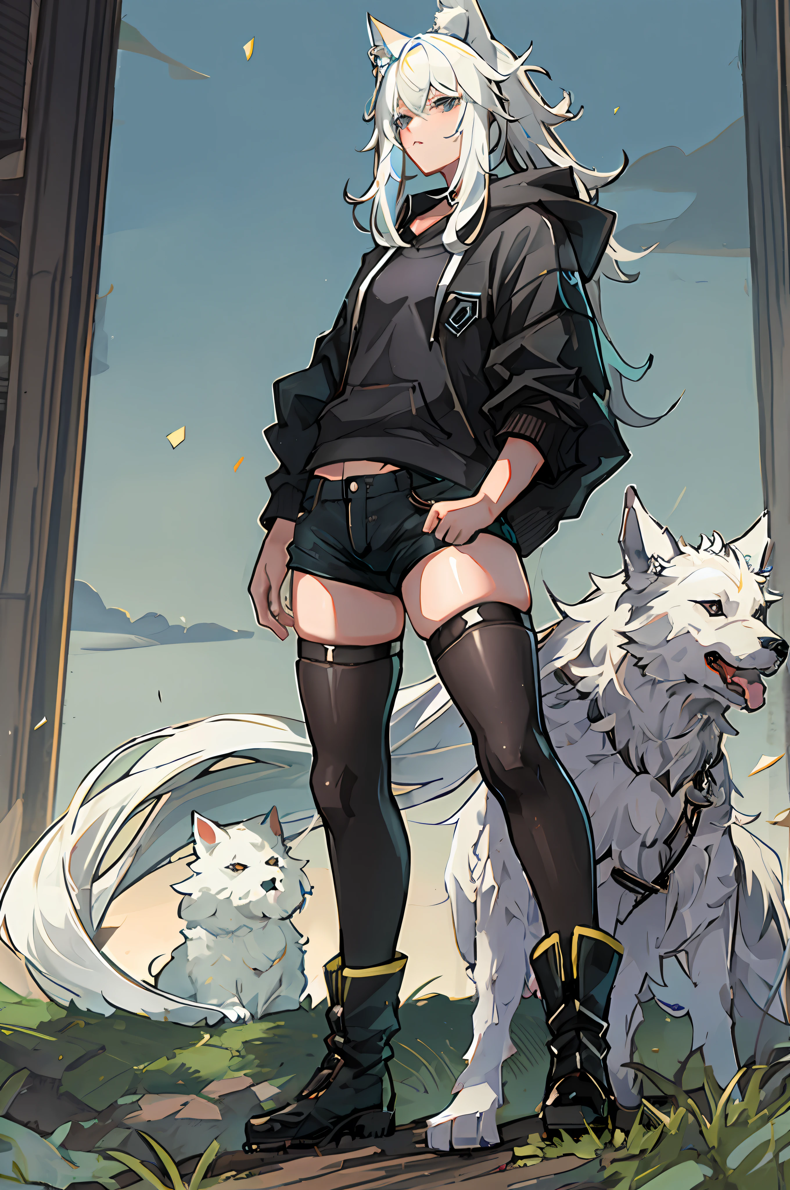 anime femboy with white hair and black boots standing in front of a group of white dogs, from femboy frontline, trending on artstation pixiv, girls frontline style, fine details. Femboy rontline, by Yang J, extremely detailed artgerm, guweiz on pixiv artstation, guweiz on artstation pixiv, style of artgerm