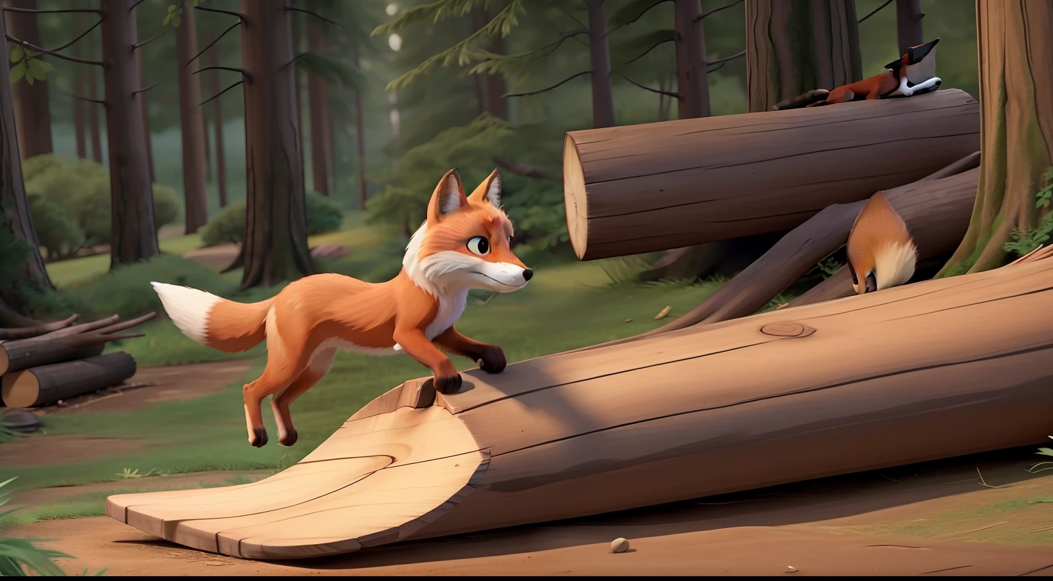 "Young fox gracefully leaping over the logs"