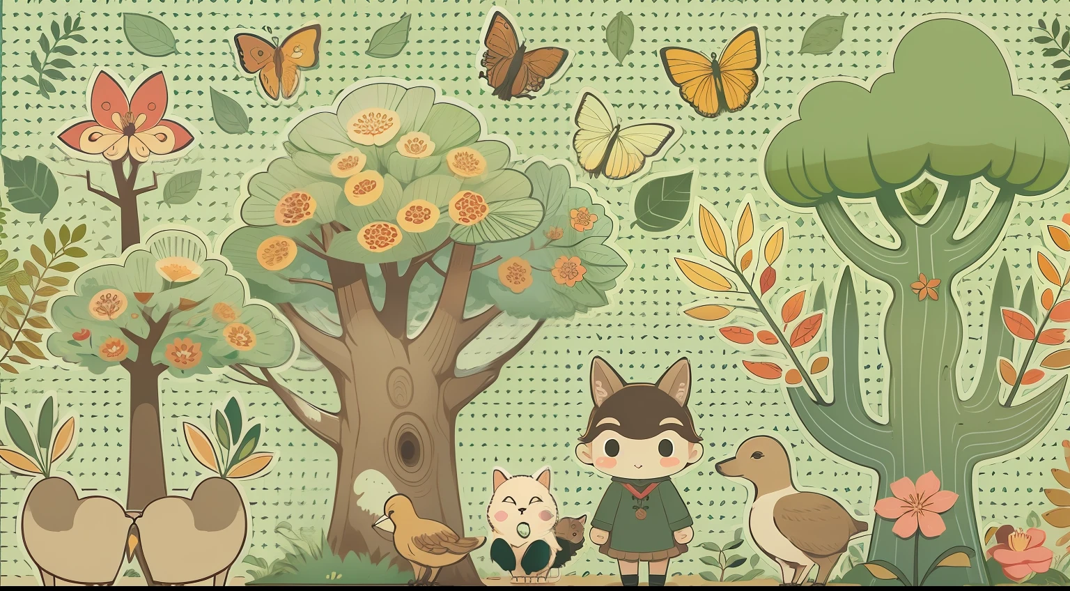 clipart, bosque encantado, tema infantil, com raposas, com guachinins, com corsas e corujas
