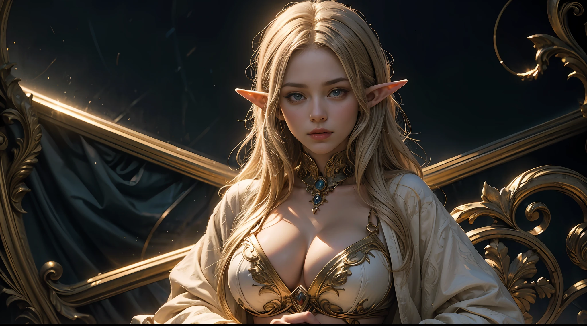 female elf， Large breasts，court，magia, solemn atmosphere, Description of the Ultrra precise pointer, Photorealistic, Super detail, Masterpiece, Best quality, A high resolution, 8K，mystic symbols，magnificent robe，Complex patterns