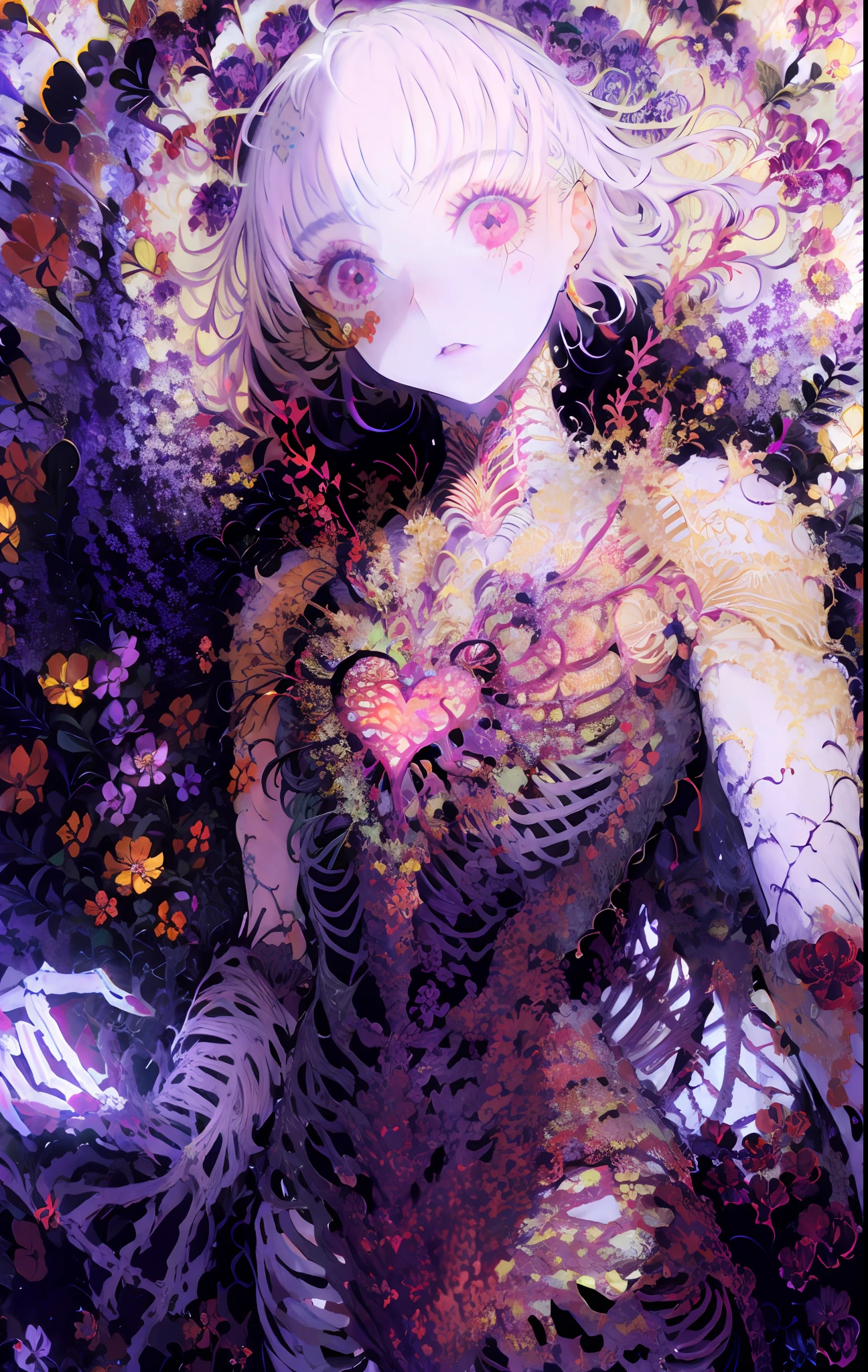 face, Colorful, Flowers, Iridsent, Skeleton body, Heart, purple,