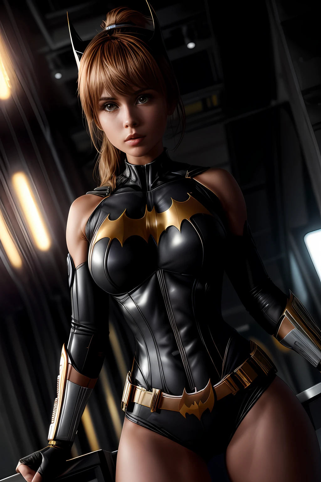 (Extremely detailed 8k wallpaper), a mid shot photo of batgirl, confident, sexy short top, calm, modern futuristic clothing, complex, highly detailed, and dramatic, cinematic lighting, bright scene, cameltoe:1.2, thigh gap, soft lights, large breasts:1.3,