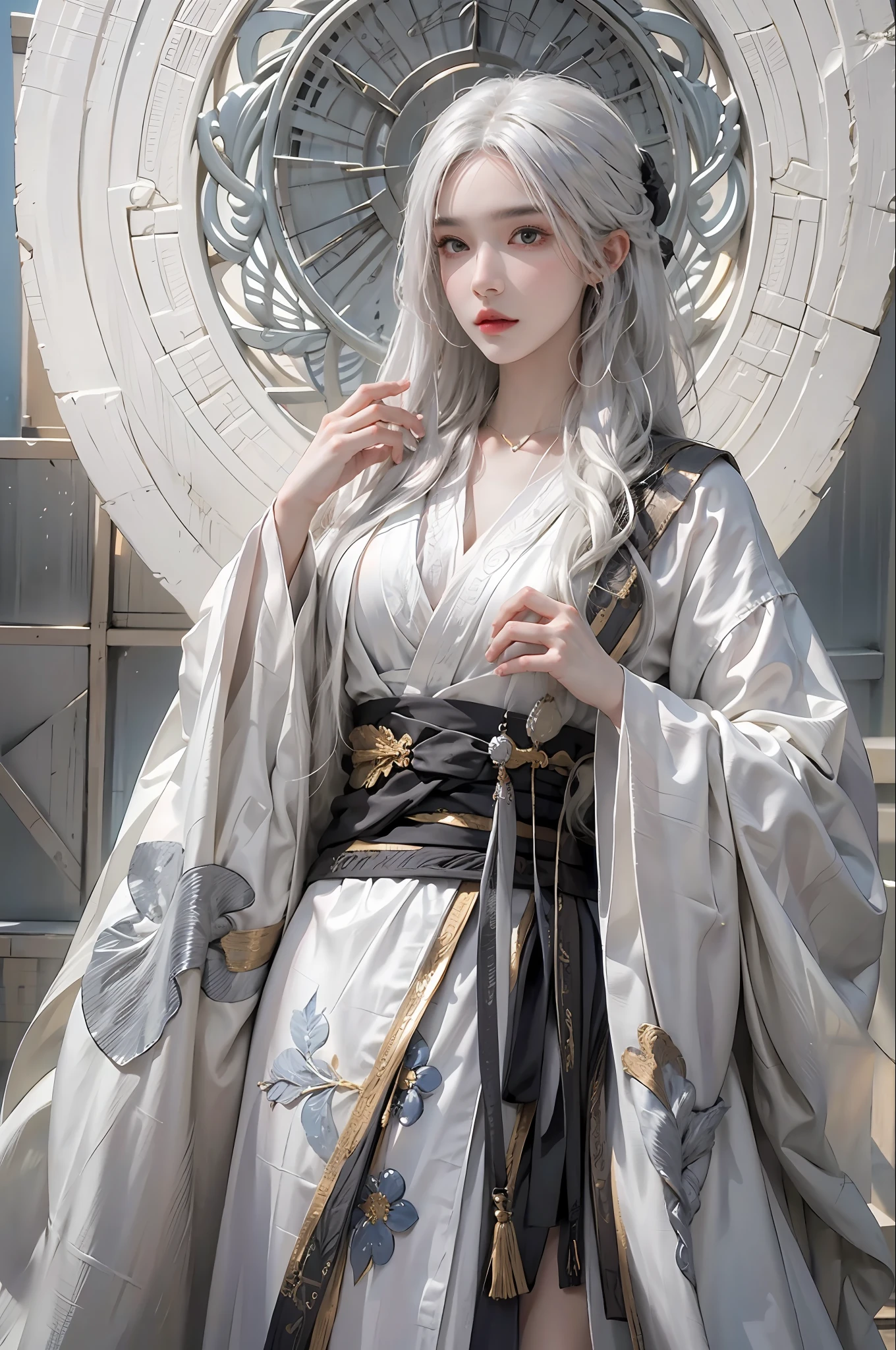 photorealistic, high resolution, 1women, solo, hips up, look at viewer, (detailed face), white hair, long hair, Taoist robe,oversized clothes, jewelry