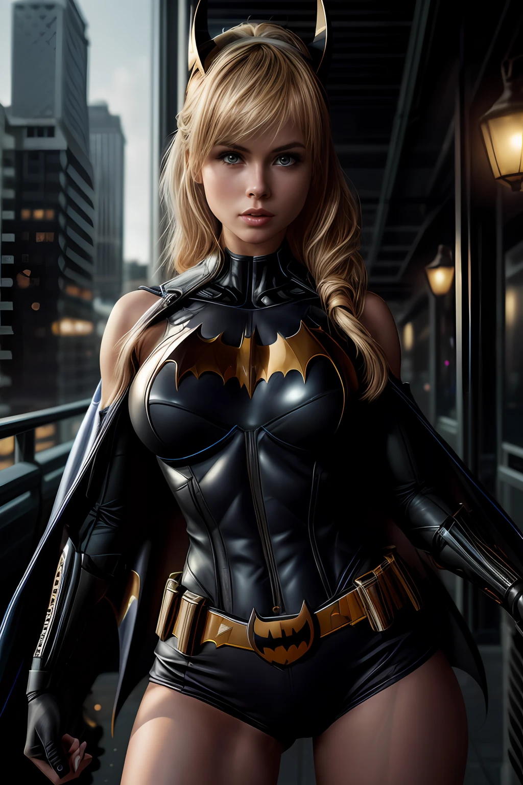 (Extremely detailed 8k wallpaper), a mid shot photo of batgirl, confident, sexy short top, calm, modern futuristic clothing, complex, highly detailed, and dramatic, cinematic lighting, bright scene, cameltoe:1.2, thigh gap, soft lights, large breasts:1.3,