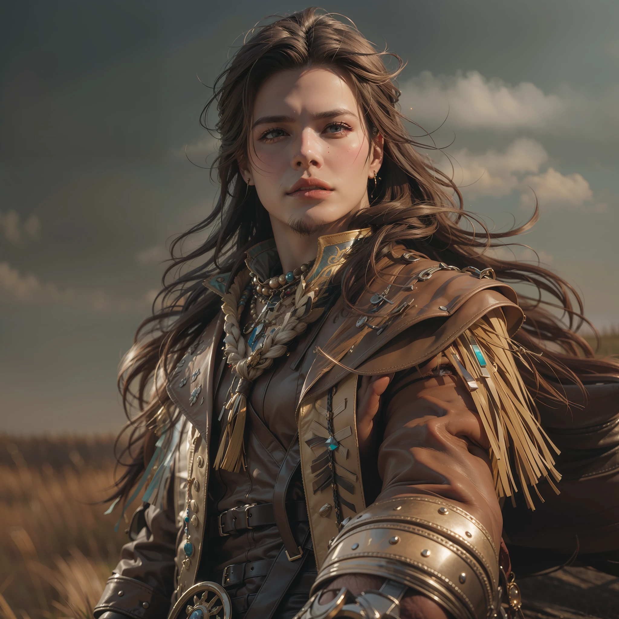 masterpiece, highest quality, solo focus, (high detail:1.1), 1 muscular male, wearing loose buckskin leather jacket with beaded fringe:1.5, wearing western buckskin leather pants with beaded fringe:1.5, shoulder-length brown hair:1.3), gold jewelry:1.3, holding bow:1.2, (in open plains, daytime, bright light:1.3), battle stance, hyper detailed, digital art, studio quality, smooth render, unreal engine 5 render, octane render, 8K, particle effects, ray tracing, bokeh, depth of field,