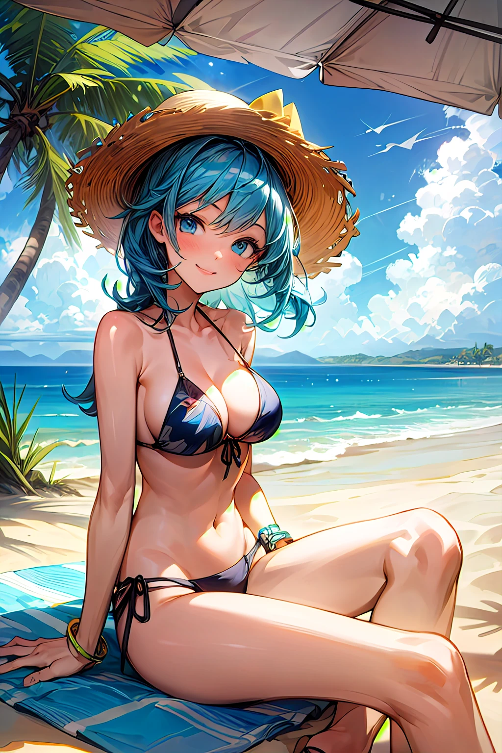 masterpiece, best quality, 1girl,beach,beach ball,beach sandals,beach towel,bikini,blue eyes,blue hair,bracelet,clouds,floating ring,floppy hat,medium breasts,palm trees,relaxing,sand,sea,seashells,sitting,smiling,solo,sunshine,tropical,vacation