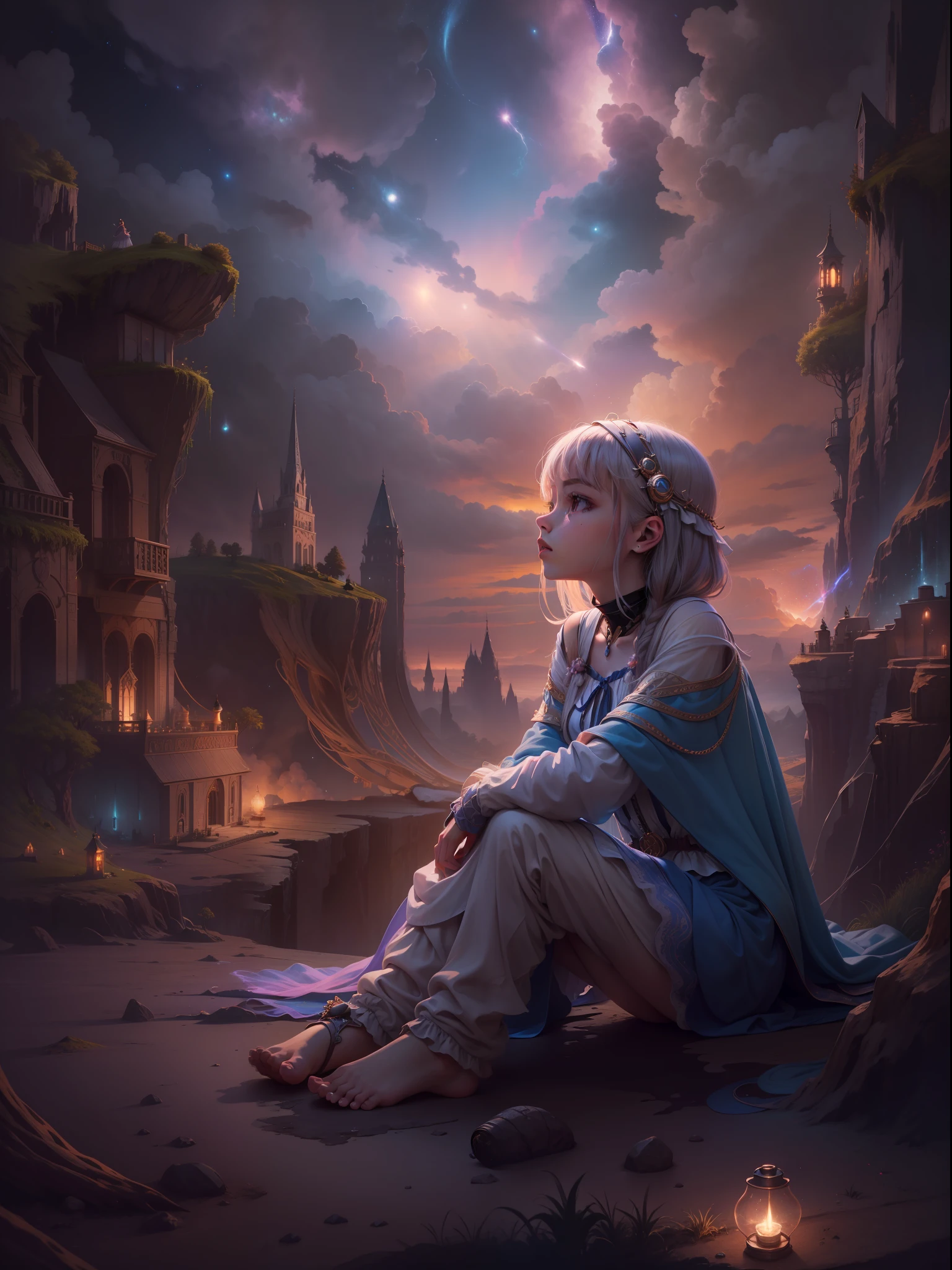 A masterpiece of high detail,8K,High-resolution body content:utopian,Broad perspectives,fanciful,Full of mystery,Bask in the mysterious atmosphere,Hopeful,Divine piety ,Look outward at the background:Dazzling colors,The sat and looked at the atmosphere in the distance:Mysterious and unknowable sense of light,milky ways,Magic beam,The fantasy of the future world is intertwined with reality,Color:Infused with ethereal hues,High purity color, composition:Vista composition,Sitting angle,ultra-wide-angle,Style reference:Virtual Engine,Ethereal magical texture,Chaotic real world