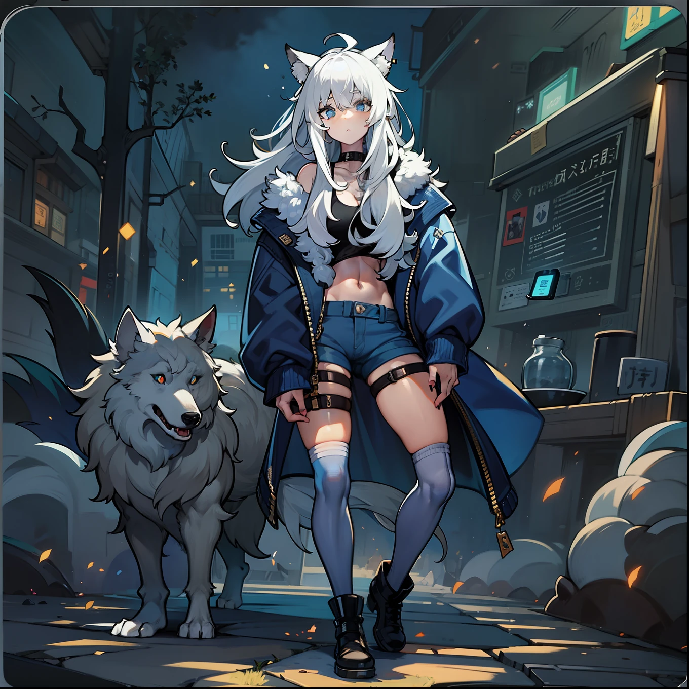 feminine male with long flowing white hair, has wolf ears, had wolf tail, wearing denim short shorts and a cropped black hoodie, thick thighs, wide hips, wearing thigh high socks, solo, alone, no wolves, showing belly, has glowing blue eyes