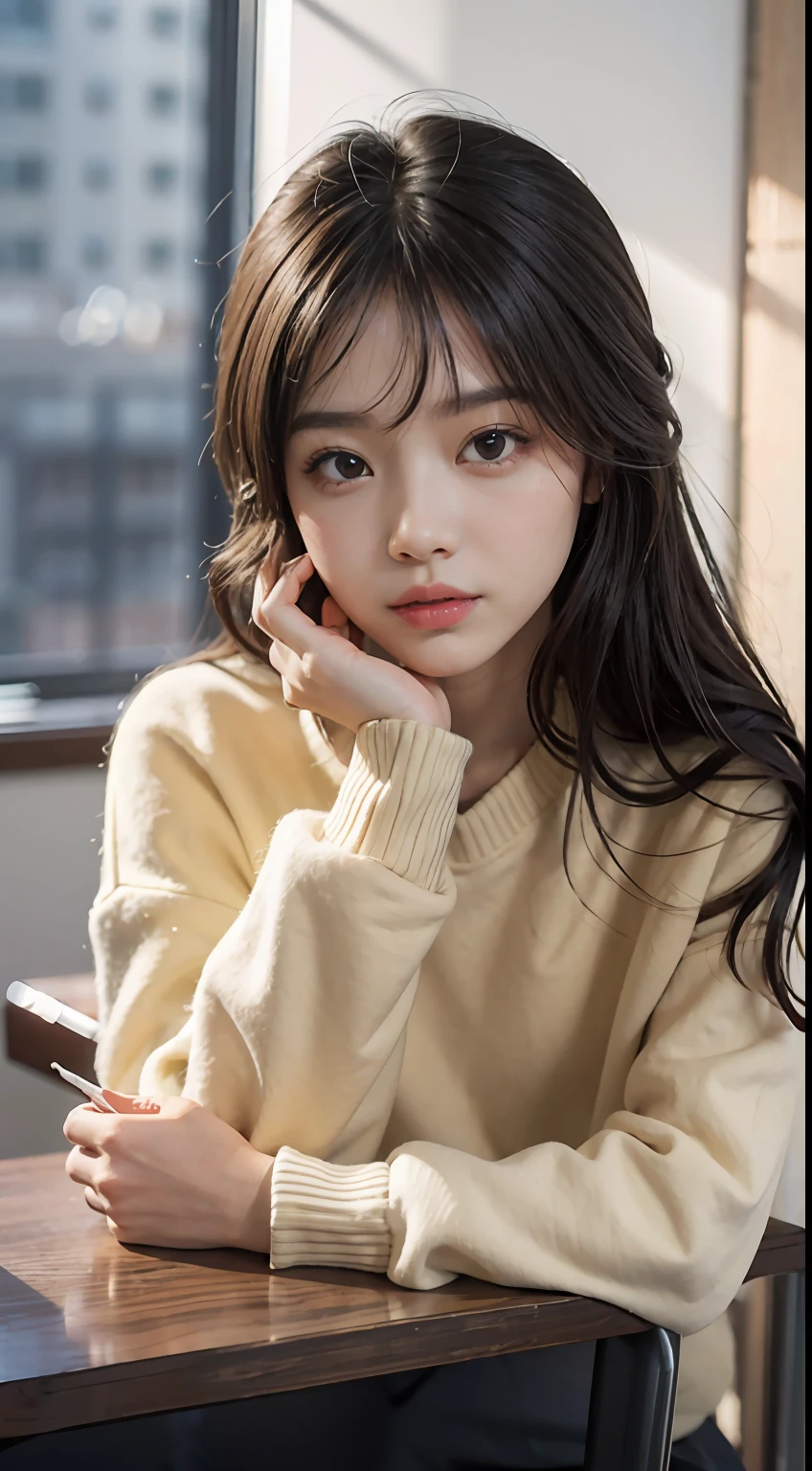 tmasterpiece,best qualtiy,ultra - detailed,illustratio,Colorful,Falt color,depth of fields,lens flare glow,1girl,Hong Kong beauty,sitted,brunette color hair,looking at viewert,schools,Classroom,Sweatshirt,校服,serafuku,Detailed skin texture,Fine cloth texture,Nice and delicate face,