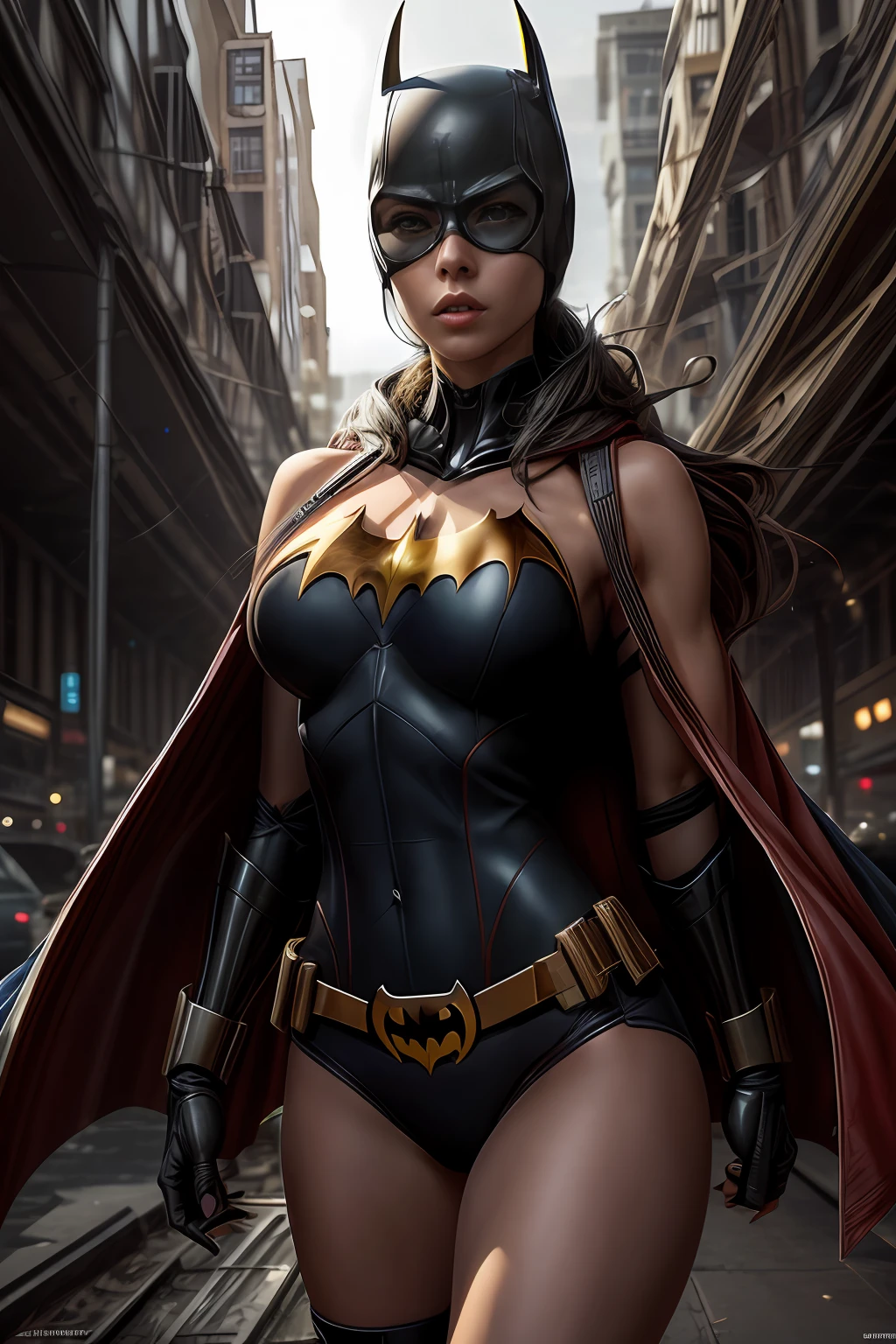 (Extremely detailed 8k wallpaper), a mid shot photo of batgirl, confident, sexy, calm, modern futuristic clothing, complex, highly detailed, and dramatic, cinematic lighting, cameltoe, thigh gap, soft lights, large breasts, navel