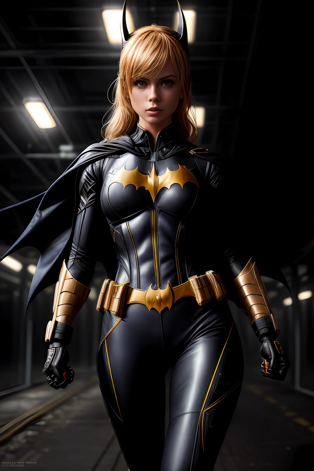 (Extremely detailed 8k wallpaper), a mid shot photo of batgirl, confident, sexy, calm, modern futuristic clothing, complex, highly detailed, and dramatic, cinematic lighting, cameltoe, soft lights, large breasts, skin