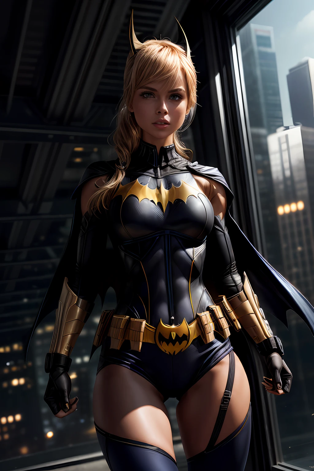 (Extremely detailed 8k wallpaper), a mid shot photo of batgirl, confident, sexy extreme short top, calm, modern futuristic clothing, complex, highly detailed, and dramatic, cinematic lighting, bright scene, cameltoe:1.2, thigh gap, soft lights, large breasts:1.3
