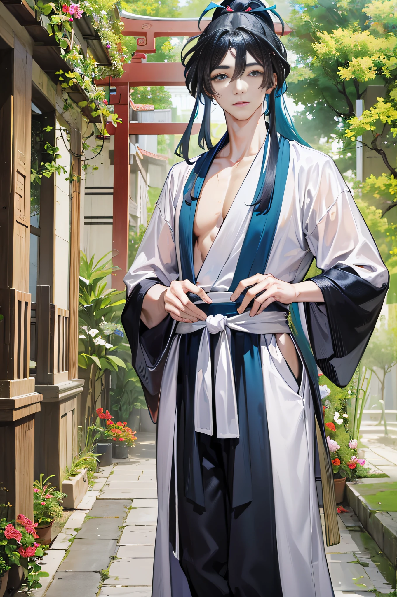 Masterpiece, Superb Style, Two Men, Chinese Style, Ancient Chinese, Black Hair, Gray and Blue Eyes, Split Hair, Long Hair, Long Bangs, High Ponytail, Handsome, Masculine, Gentle, Tall, Quiet, Cyan Robe, Outdoor, Wind Comfort, Young Man, Sad, Posture, (Hanfu, Ming Style), (Ming Architectural Background)