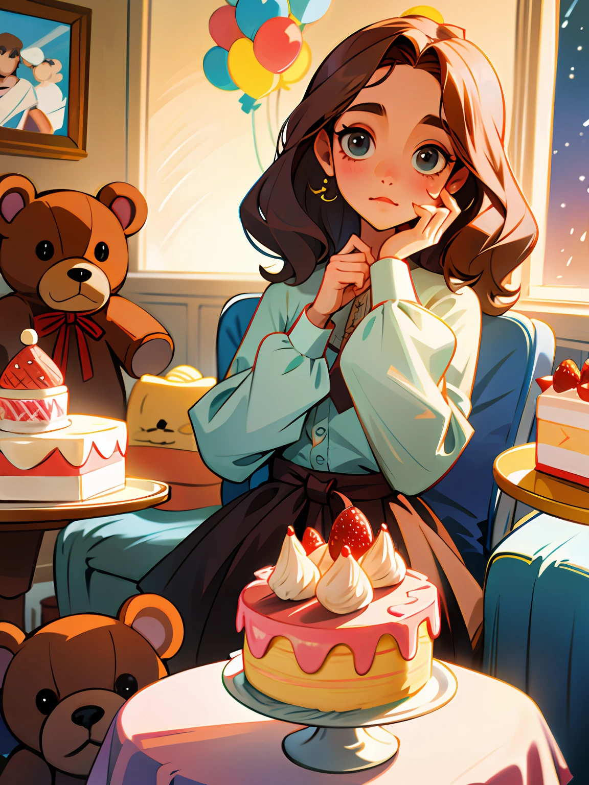 Cute girls，Teddy bear in hand，There was cake on the table，exquisite facial features，Exquisite Hair