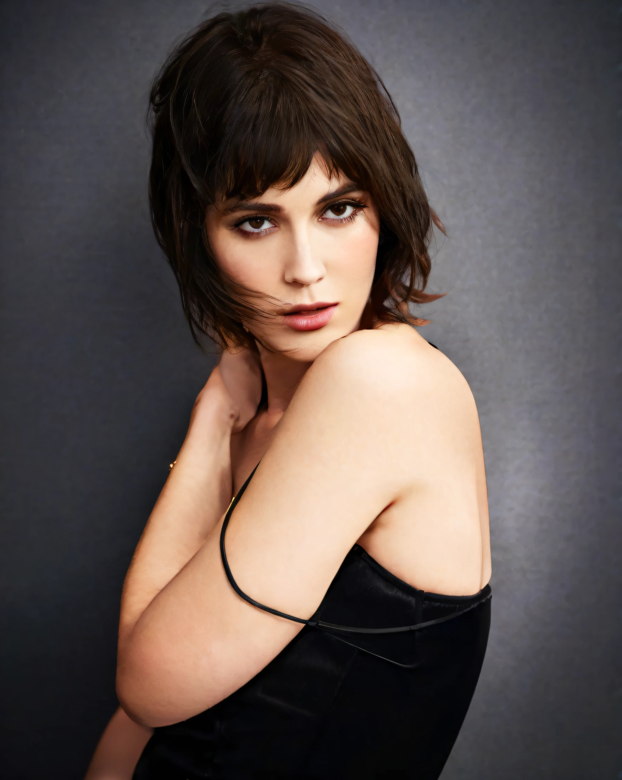 arafed woman in a black dress posing for a picture, with short brown hair，By bangs, short detailed hair，By bangs, ICIN《Vogue》Magazine photo shoot, with short black hair，By bangs, short brown hair and large eyes, intense smoldering, kurzes dunkles Haar, Short dark hairstyle, promo image, 30-year-old french woman, she is wearing a black tank top