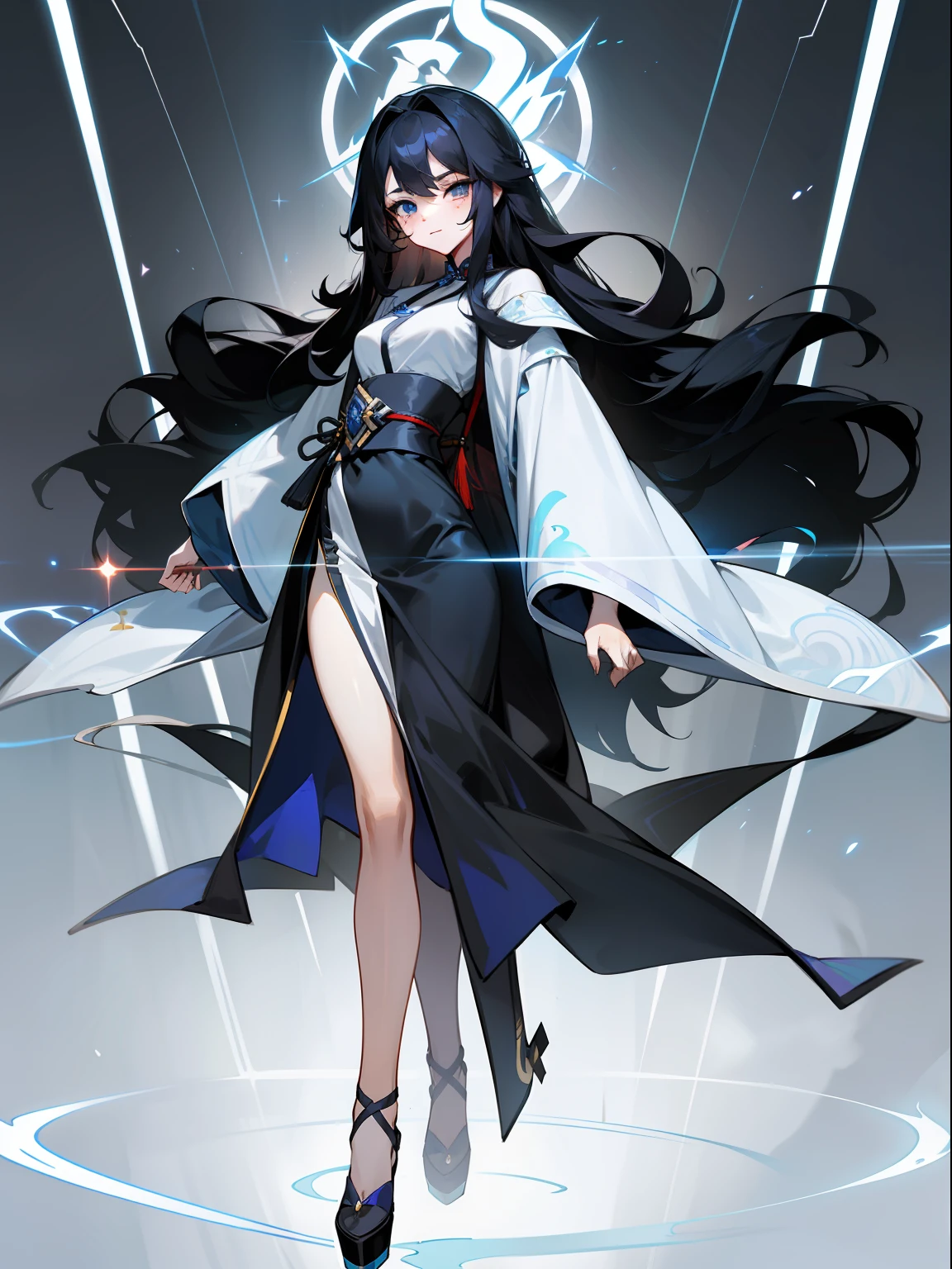 A sexy woman,Royal sister style,Has large,She has long black hair, Fluctuating slightly,Blue eyes,She has a small mole on her face,Full-body standing posture,quadratic element,The Chinese silver robe has lightning runes on it,