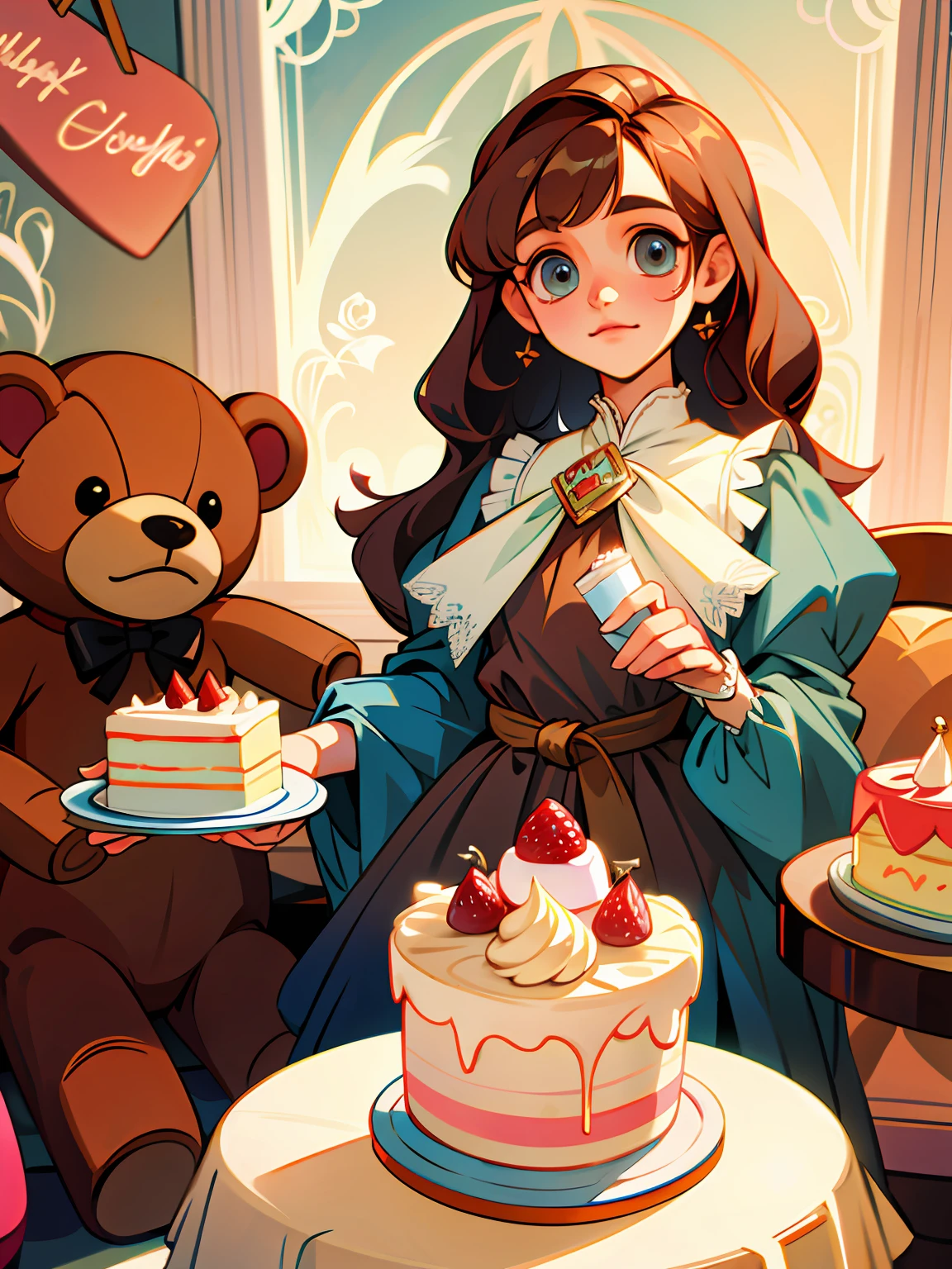 Cute girls,Teddy bear in hand,There was cake on the table,exquisite facial features,Exquisite Hair