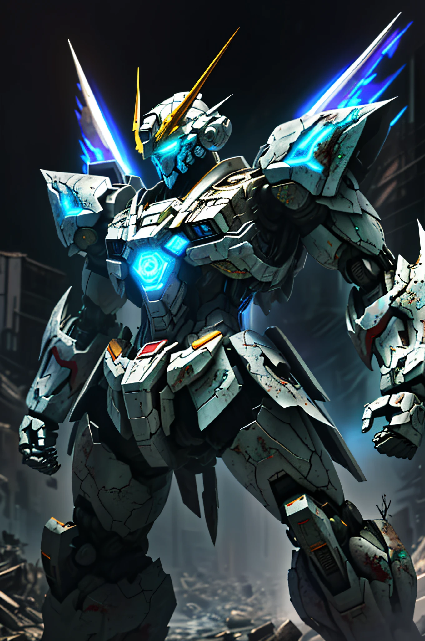 a robot, gundam , mecha, glowing, (punching, fist)
zhongfenghua, hard surface , dynamic pose, from below, ruined city, glowing energy flows
((digital painting, toei anime style))