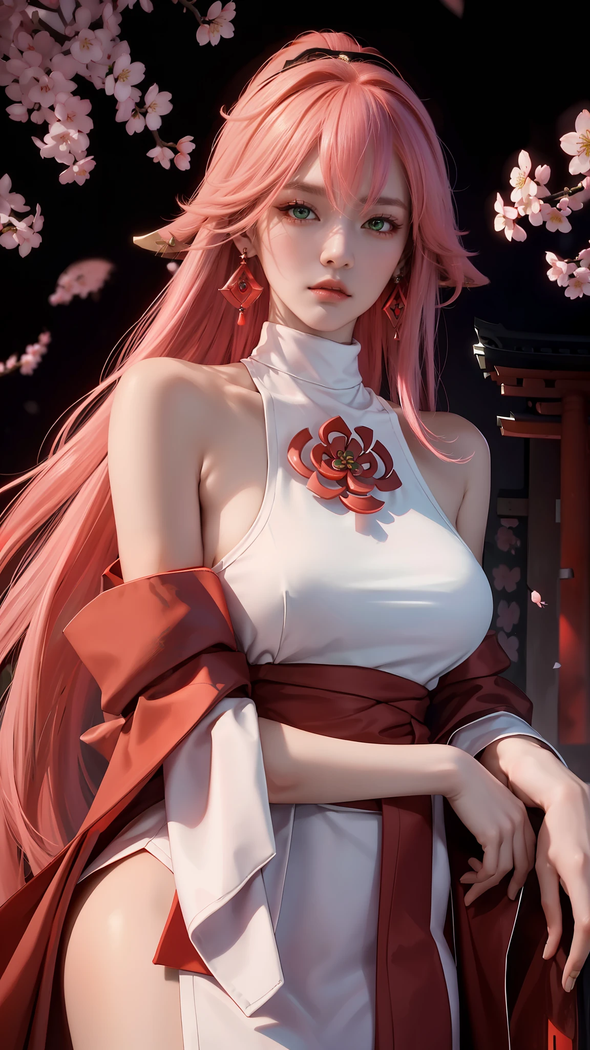 (Masterpiece, Excellent, 1girl, solo, complex details, color difference), realism, ((medium breath)), off-the-shoulders, big breasts, sexy, Yae Miko, long pink hair, red headdress, red highlight, hair above one eye, green eyes, earrings, sharp eyes, perfectly symmetrical figure, choker, neon shirt, open jacket, turtleneck sweater, against the wall, brick wall, graffiti, dim lighting, alley, looking at the audience, ((mean, seductive, charming)), ((cherry blossom background ))),((Japanese temple background)))), (((Glow-in-the-dark background)))
