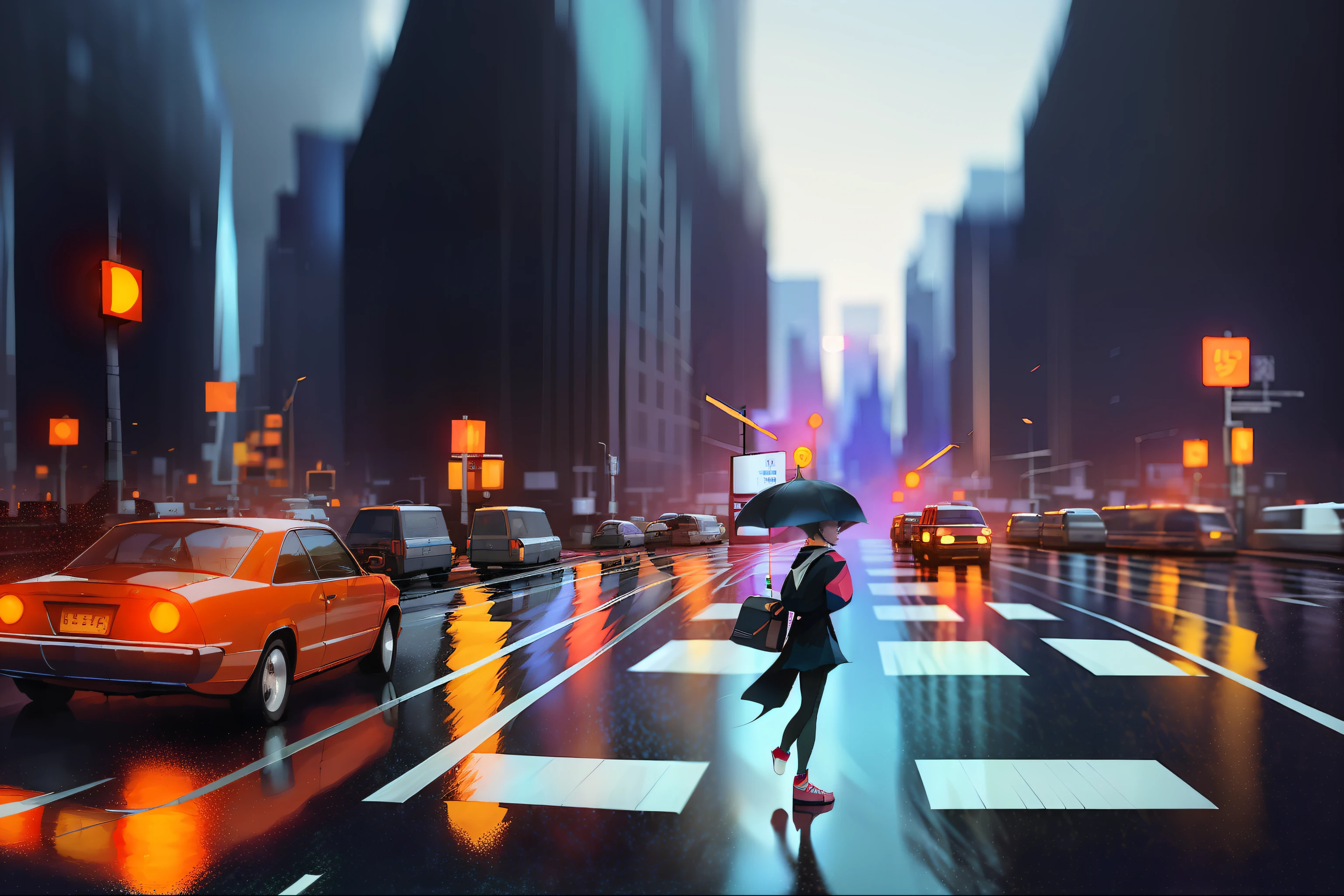((Masterpiece)), (Cinematic lighting), The girl's side face,Stand at a crosswalk at an intersection,Look at the red traffic light, Gwen's beautiful stylized illustrations,brunette color hair,With incredible detail, Black eyes and beautiful delicate face, lips parted, Sexy eyes, City recreation, Sci-fi sense,looks away, author:Jeremy Mann, by Sandra Chevrier, author:Dave McKean、Richard Aviden and Maciej Cuciara。, high detal, 8K, SamdoesArts style Rainy, Medium shot, Movie color, Film texture, Hesitant atmosphere,Hoodie