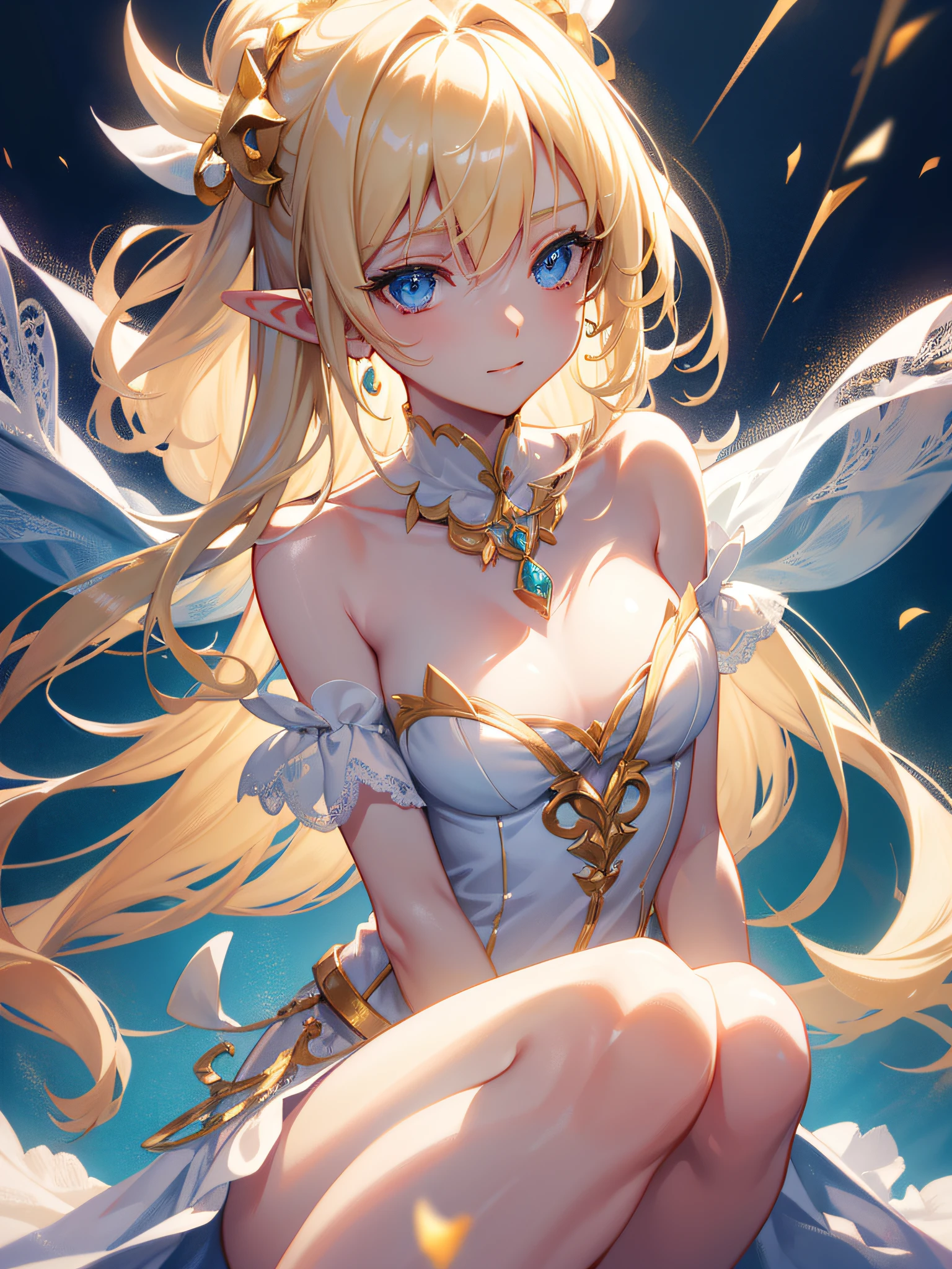 Cute elf girl，light-blonde hair，hair one side up,Exquisite Hair，Beautiful hair accessories，With Ultra HD details，Professional lighting and lighting。Delicate, Tall and sexy，Delicate earrings，Delicate necklace，light breeze，Brighter scenes，More refined facial features，eyes with brightness，Light smile，anaglyph，tachi-e，Atmospheric perspective，High detail backlight，Chiaroscuro，full bloom，Ray trajectories，Perspective top-down，super detailing、acurate、best qualityer、Textured epidermis、Anatomically correct