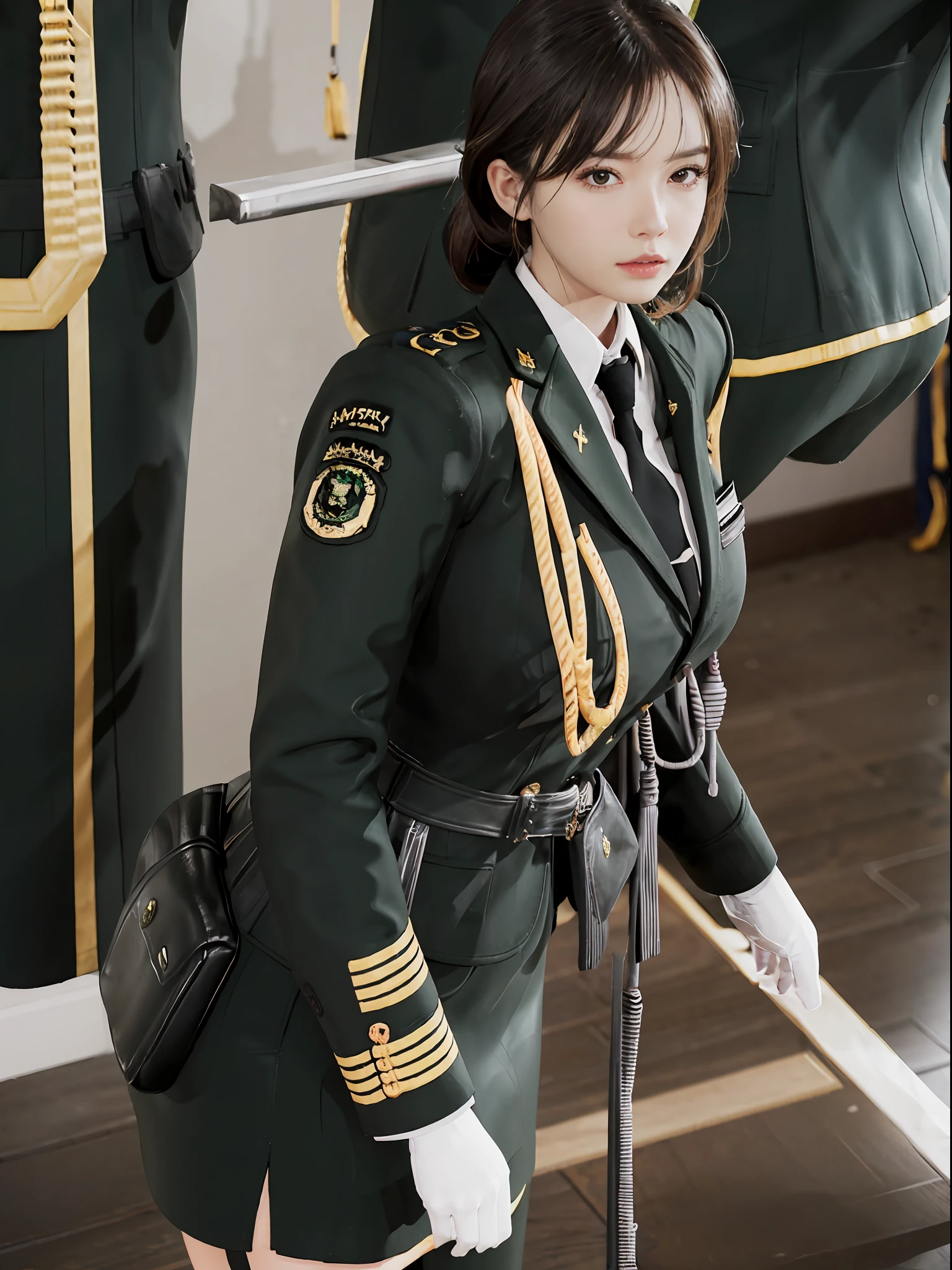 Very detailed CG unity 8K wallpaper，（tmasterpiece），（best qualtiy），（ultra - detailed），（Ultra photo realsisim），（best character detail：1.36），Nikon D750 f / 1.4 55mm，profesional lighting， physically-based renderingt, 1girll, Female soldier，army suit，Green military uniform，Fabric texture military uniform，Pure white lining，Dark green tie，Black hair，the golden ratio,[:(com rosto detalhado:1.2):0.2]:,PureErosFace_V1, broad shoulder,(Bigchest:1.5),(big assa:1.5)，Soaked with sweat，Place your hands on your chest，red flags，In the square，Splendid scenery，bright sun，upper body photos