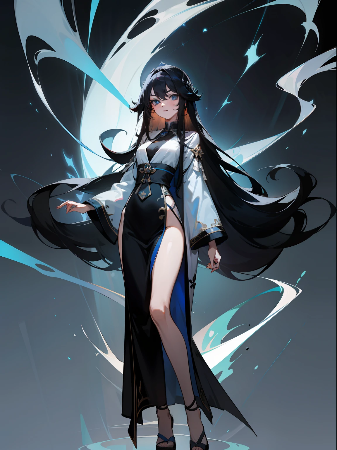 A sexy woman,Royal sister style,Has large,She has long black hair, Fluctuating slightly,Blue eyes,She has a small mole on her face,Full-body standing posture,quadratic element,The Chinese silver robe has lightning runes on it,