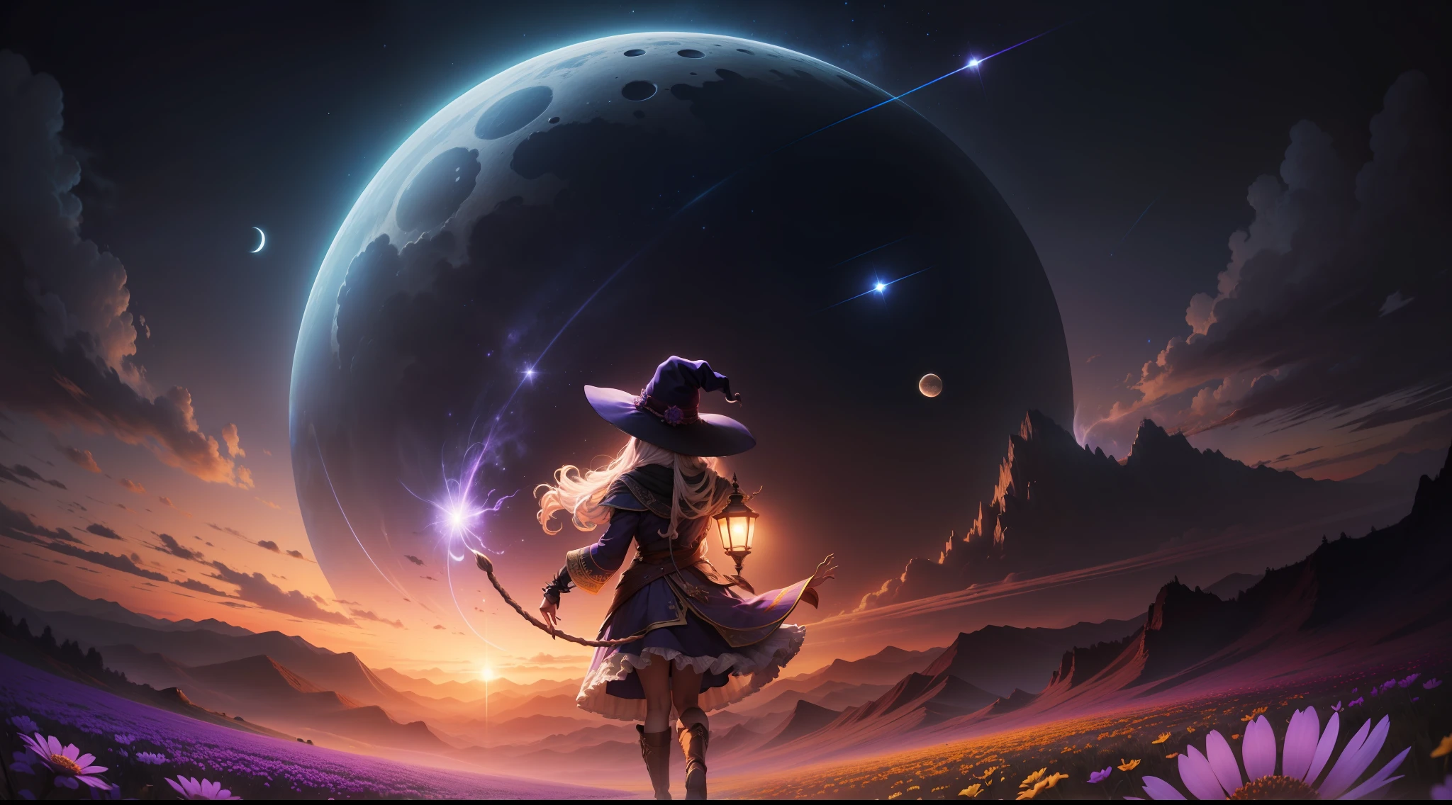 Expansive landscape photograph,(look from down,Above is the sky,Below are open fields),A witch stood on a field of flowers and looked up,(moon full:1.2),(meteors:0.9),(Starcloud:1.3),Far Mountain, Tree BREAK making art,(Warm light source:1.2),(glowworm:1.2),lamp lights,Lots of purple and orange,Complicated details,Volumetric lighting BREAK(tmasterpiece:1.2),(best qualtiy),4K,ultra - detailed,(dynamic compositions:1.4),detail-rich,plethora of colors,(Irridescent color:1.2),(with light glowing,Atmospheric lighting),dream magical,magical,(独奏:1.2)