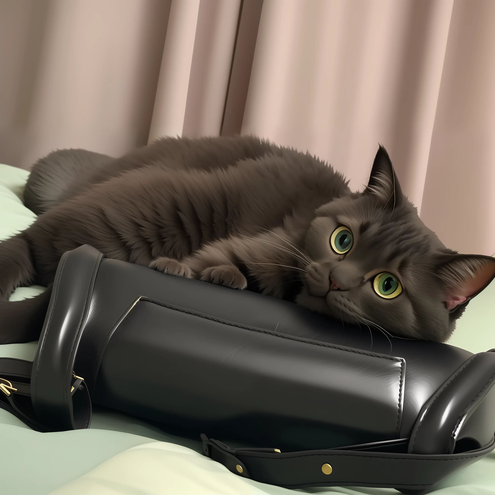 There was a cat lying on his purse on the bed, special attention to posing, he is very relaxed, r/awww, she has tired eyes, Gaze from his heavy body, thicc, She has a cute face, she's lying on her back, taken with sony alpha 9, doing an elegant pose, head is up, is looking at the camera