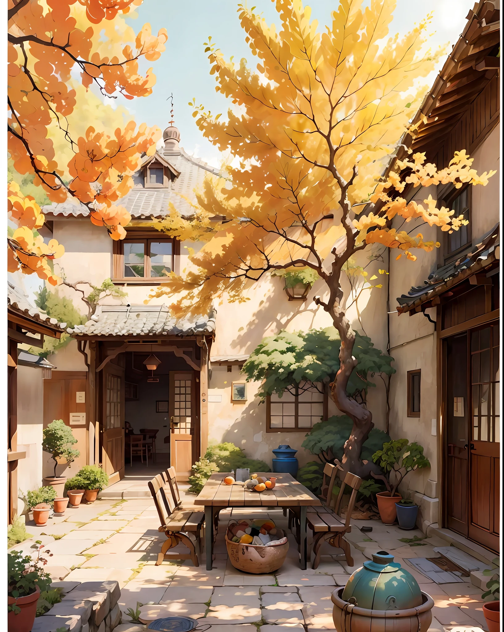 HighestQuali，Draw a courtyard with tables, chairs, and a tree，Chinese courtyard，The structure of the house is simple in Chinese style，Warm late autumn colors，Table and chairs in the courtyard，There are fruit plates on the table，It is surrounded by flowers and plants，There are trees and flowers around，a beautiful artwork illustration，landscape artwork，autumnal，Zhou Chen，There is a persimmon tree，It is covered with red persimmons，Lens wide angle，Faraway view，Works of masters，Anime background art，ghibli studio art，Ghibli Studio Environment，beautiful digital painting，Detailed scenery—width 672，In Studio Ghibli style，Studio Ghibli Sunshine，beautiful digital artworks，by Ni Yuanlu，studio ghibli painterly style