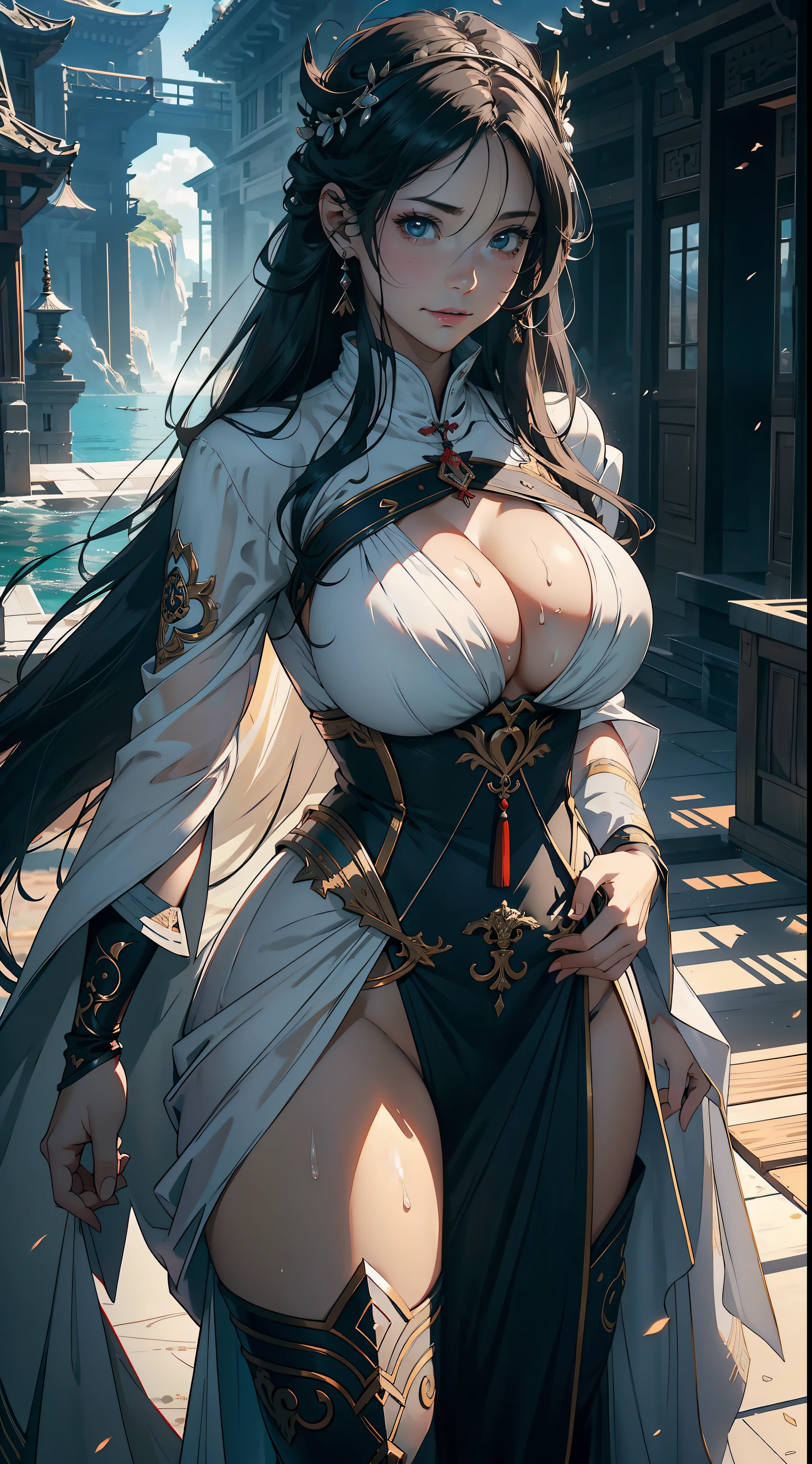 1female，35yo，Huge ， 独奏，Templars，Dressed in white court-style armor，head band， Pornographic exposure，the ocean，  She has long flowing black hair，  genitalia，Sateen，Bigchest， From the front side， Wet straight hair， Sweating profusely，Petting the ，mostly cloudy sky，（tmasterpiece），（Very detailed CG unity 8K wallpaper），best qualtiy，cinmatic lighting，detailed back ground，beatiful detailed eyes，Bright pupils，（Very fine and beautiful），（Beautiful and detailed eye description），ultra - detailed，facing at camera，A high resolution，ultra - detailed），Very long hair，standing on your feet，Emotive expressions，Smile，Chest sagging，nakeness， Expose the genitals，revealing breasts，Camel toes，with no underpants，extremely large bosom，Extremely colorful，Most detailed，fully body photo，The face is well lit