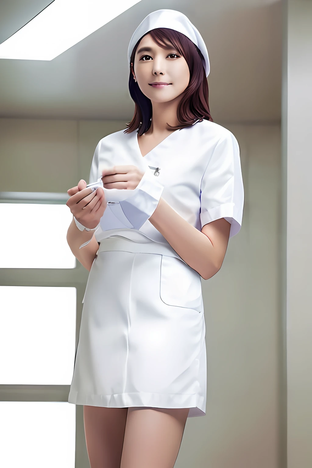 Alafed woman in white nursing uniform poses for photo,Ultra mini skirt、Short skirts that look good on the thighs、Glossy appearance、panthyhose、White panty、Nurse Cap、Beautiful camel toe、beautiful thigh、Beautiful facial features、Longhaire、 nurse girl, Nurse, wearing a white hospital gown, Nurse Uniform, with white coat, close - fitting nurse costume, nishimiya shouko, 奈良美智, doctor, sakimichan, (doctor), White uniform, Yasumoto Oka