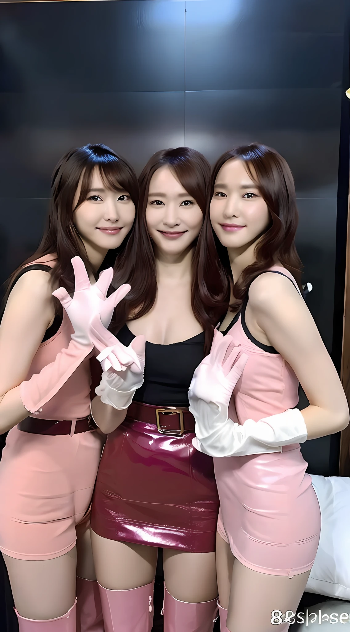 ((top-quality、8K、masterpiece:1.3))、Beautuful Women、1girl in、Colossal tits:1.3、Slender Abs:1.1、A dark brown-haired、(Sleep in bed、open one's legs:1.2)、hyperdetailed face、very detailed lips、A detailed eye、二重まぶた、Bra Red、Group of 2、rubber glove、Pink rubber gloves、Glossy gloves、Cooking gloves、long boots、Pink boots、thigh high boots、Shiny boots