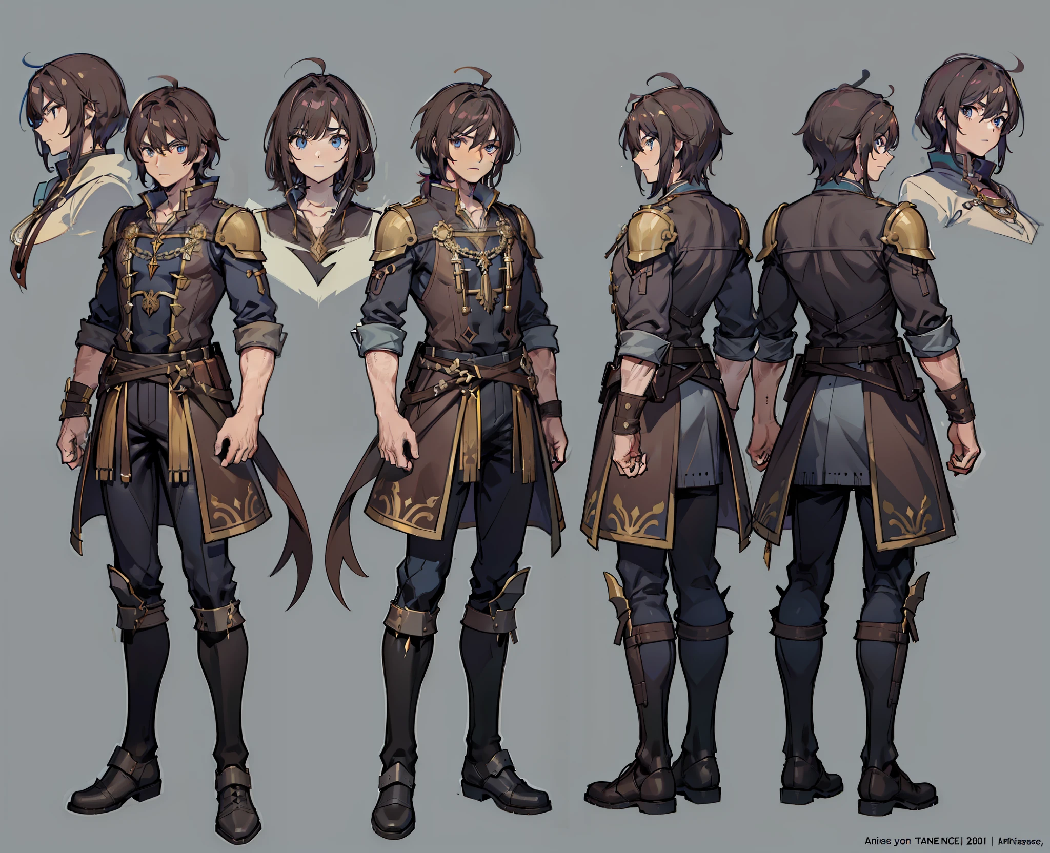 1man, reference sheet, matching outfit, (fantasy character design, front, back, sides, left, right, up, down) Alaric. Tall and muscular, rugged appearance showcasing his life as a seasoned warrior. Deep blue eyes piercing through tanned skin. Long, flowing dark brown hair often resting beneath a sturdy helmet. Several scars on his arms and chest, reminders of battles fought and won. Commanding presence, exuding strength and determination. (masterpiece:1.2), (best quality:1.3).