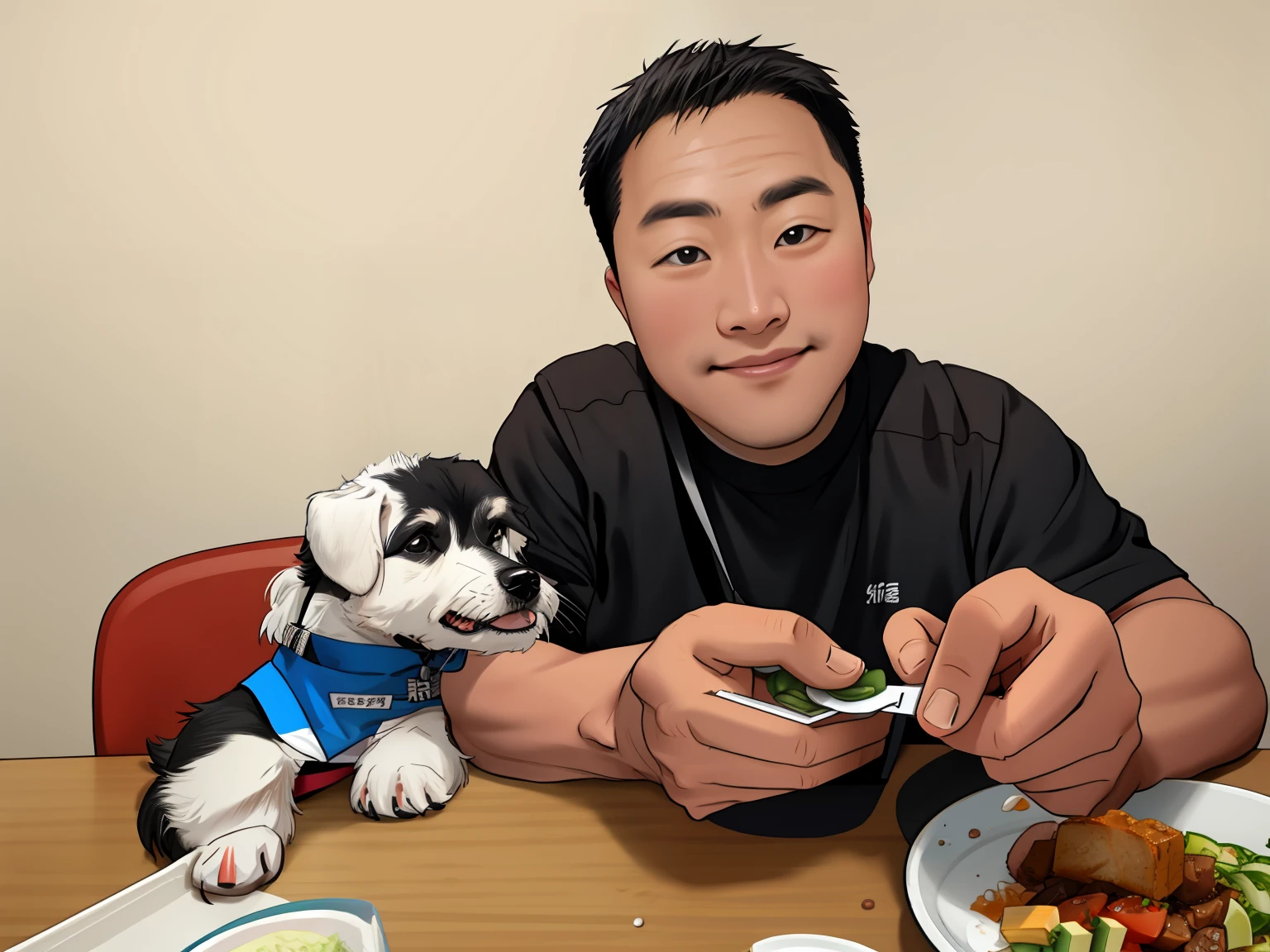 There was a man sitting at a table，A dog eating food, with his hyperactive little dog, with dogs, 2 0 2 2 photo, Eating, friendly guy and small creature, mukbang, yiqiang and shurakrgt, eating meat, jisu choe, paul lung, wei wang, author：an album cover by Dan Content, awww, having a snack